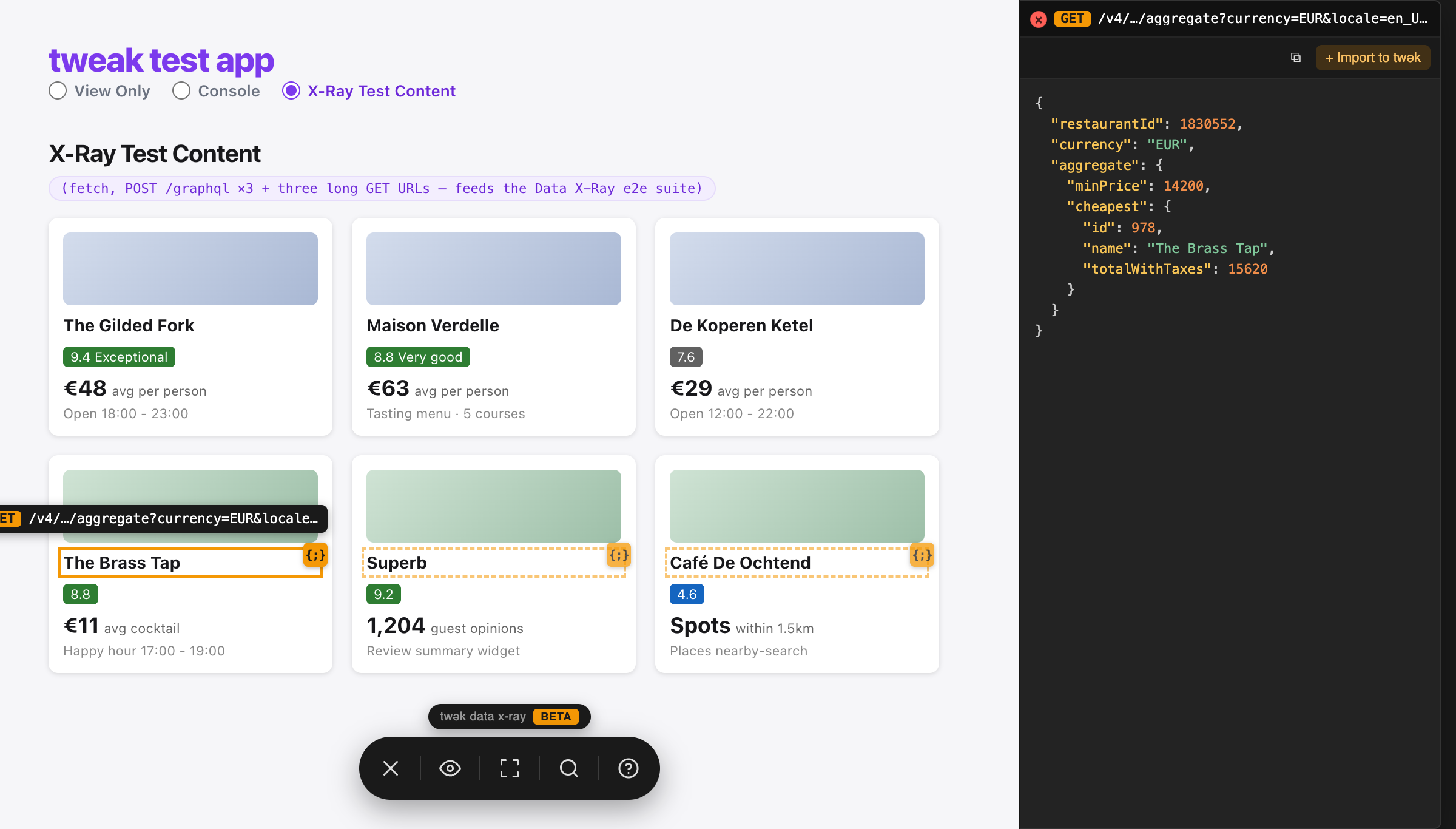 A pinned editor showing the JSON response next to the page