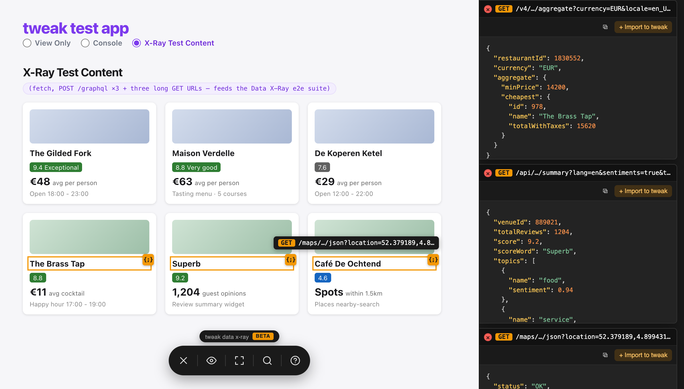 Select a region, get badges, pop payloads into side-by-side editors. Data X-Ray: crop-select a page region, get badges on every matched element, and pop payloads into editable side-by-side JSON editors