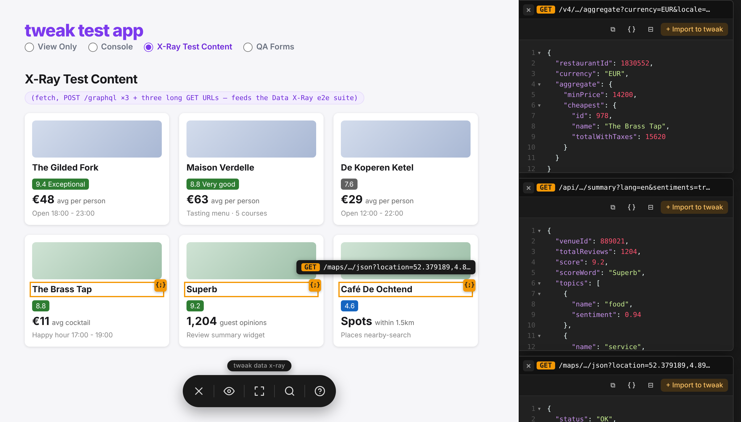 Select a region, get badges, pop payloads into side-by-side editors. Data X-Ray: crop-select a page region, get badges on every matched element, and pop payloads into editable side-by-side JSON editors