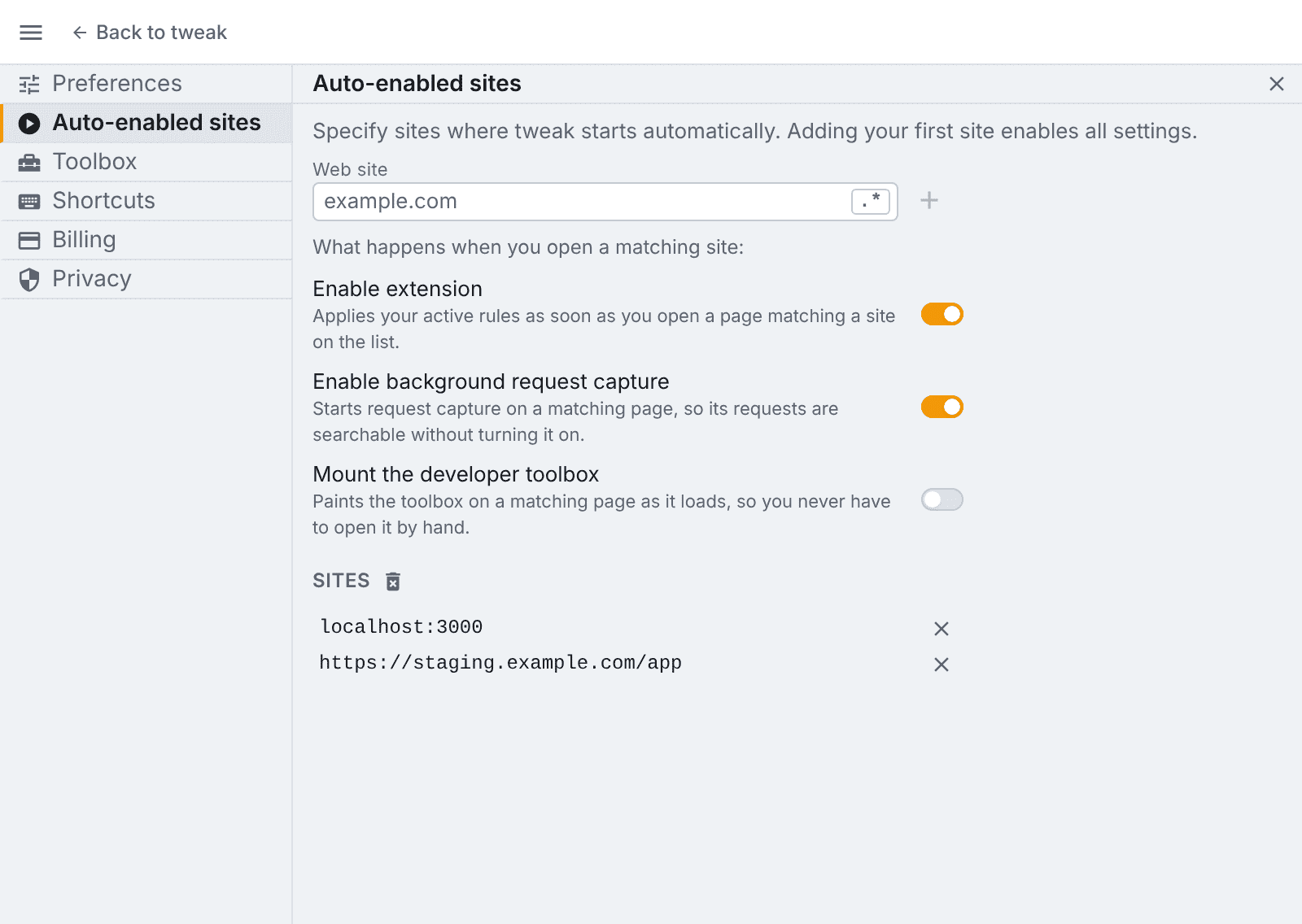 the auto-enabled sites section, with two sites, rules and capture switched on the auto-enabled sites section of the settings panel