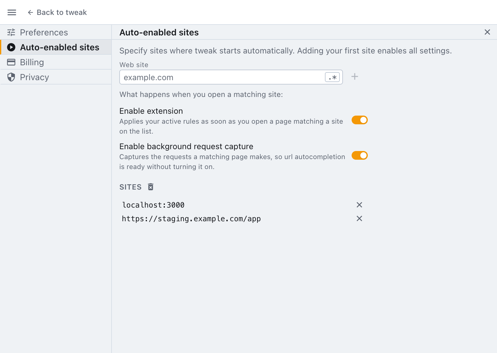 the auto-enabled sites section of the settings panel