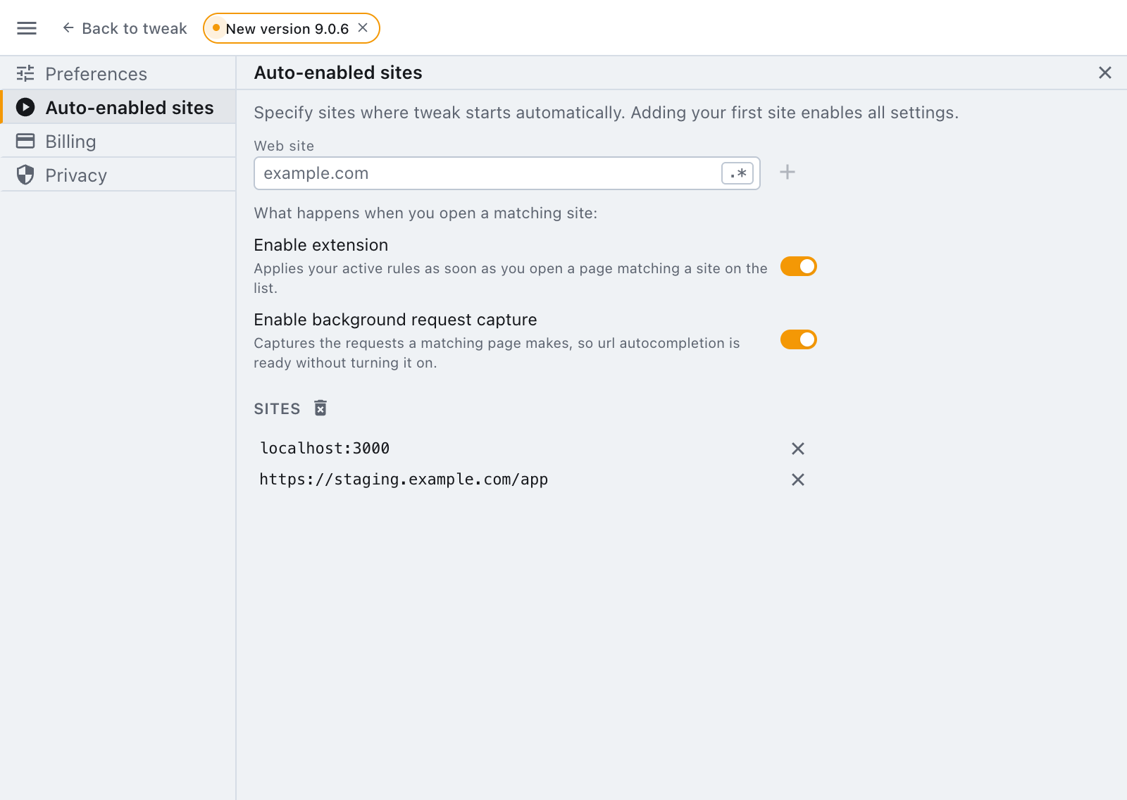 the auto-enabled sites section, with two sites and both switches on the auto-enabled sites section of the settings panel