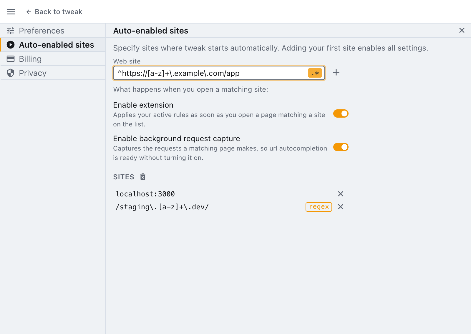 the regex modifier armed over a pattern, with a regex entry already in the list