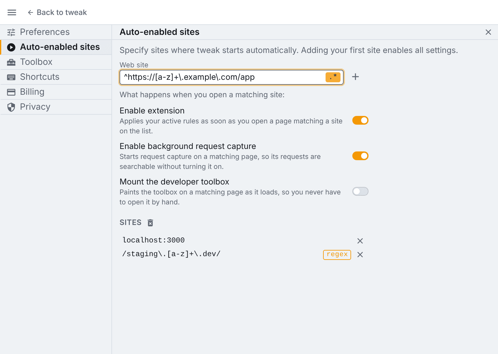 the .* modifier armed, and a site already added as a regular expression the regex modifier armed over a pattern, with a regex entry already in the list