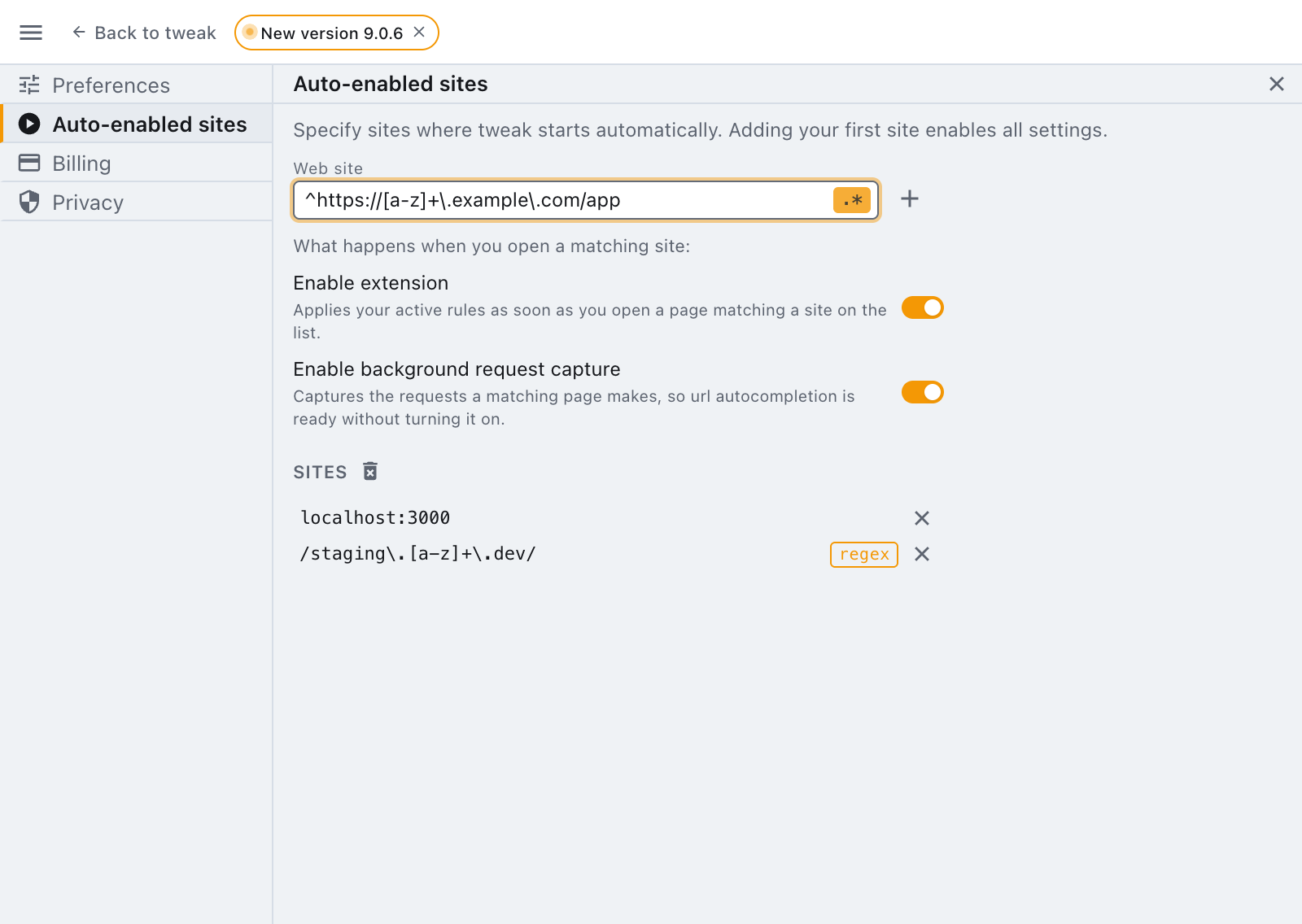 the .* modifier armed, and a site already added as a regular expression the regex modifier armed over a pattern, with a regex entry already in the list