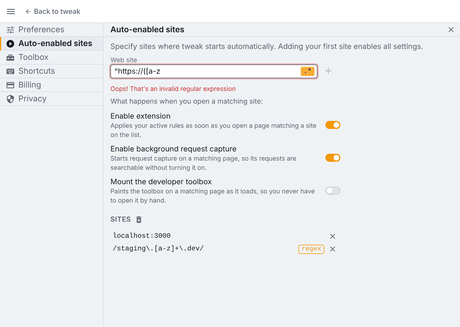 an unclosed group, refused before it can be added the field refusing an invalid pattern