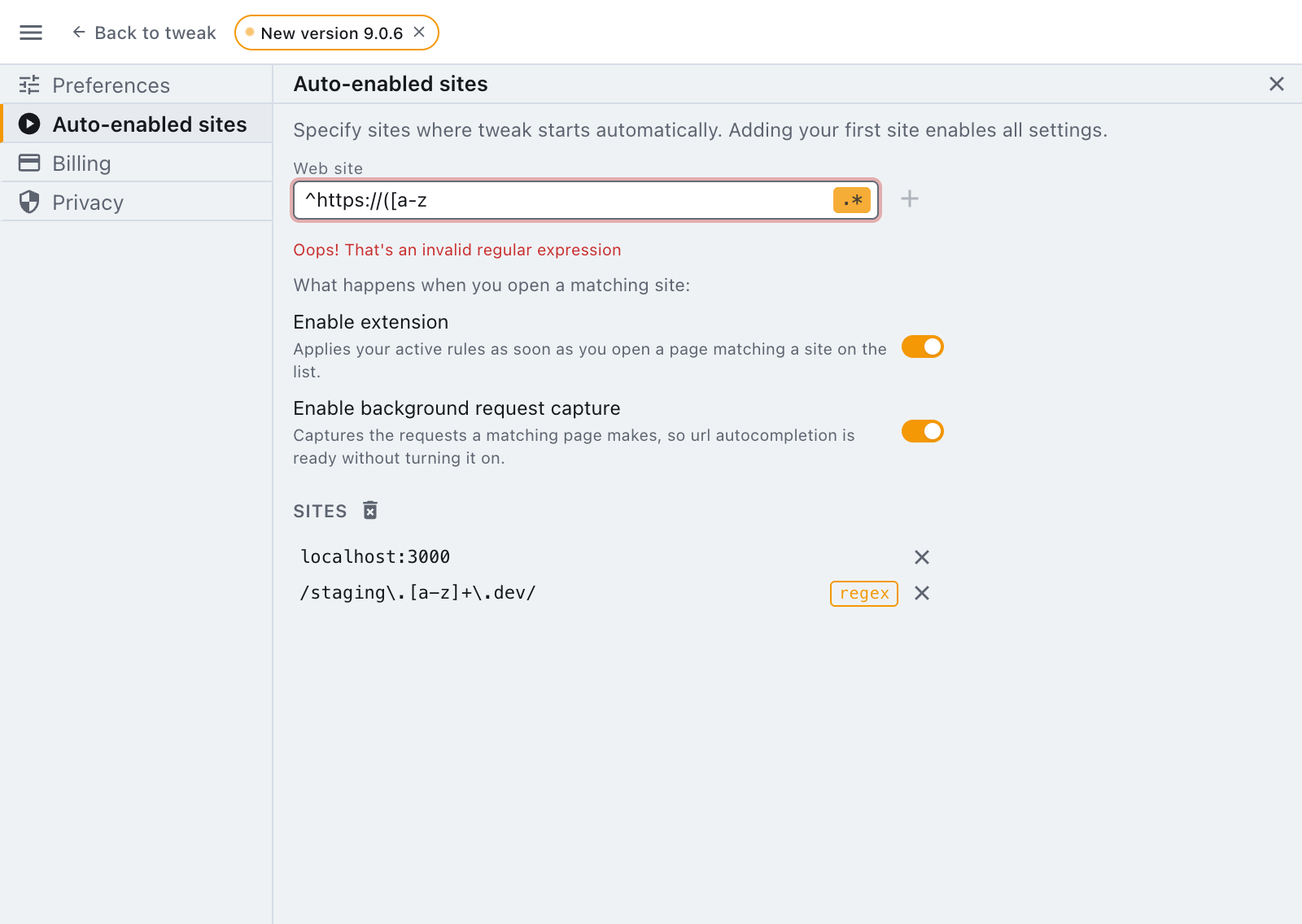 an unclosed group, refused before it can be added the field refusing an invalid pattern