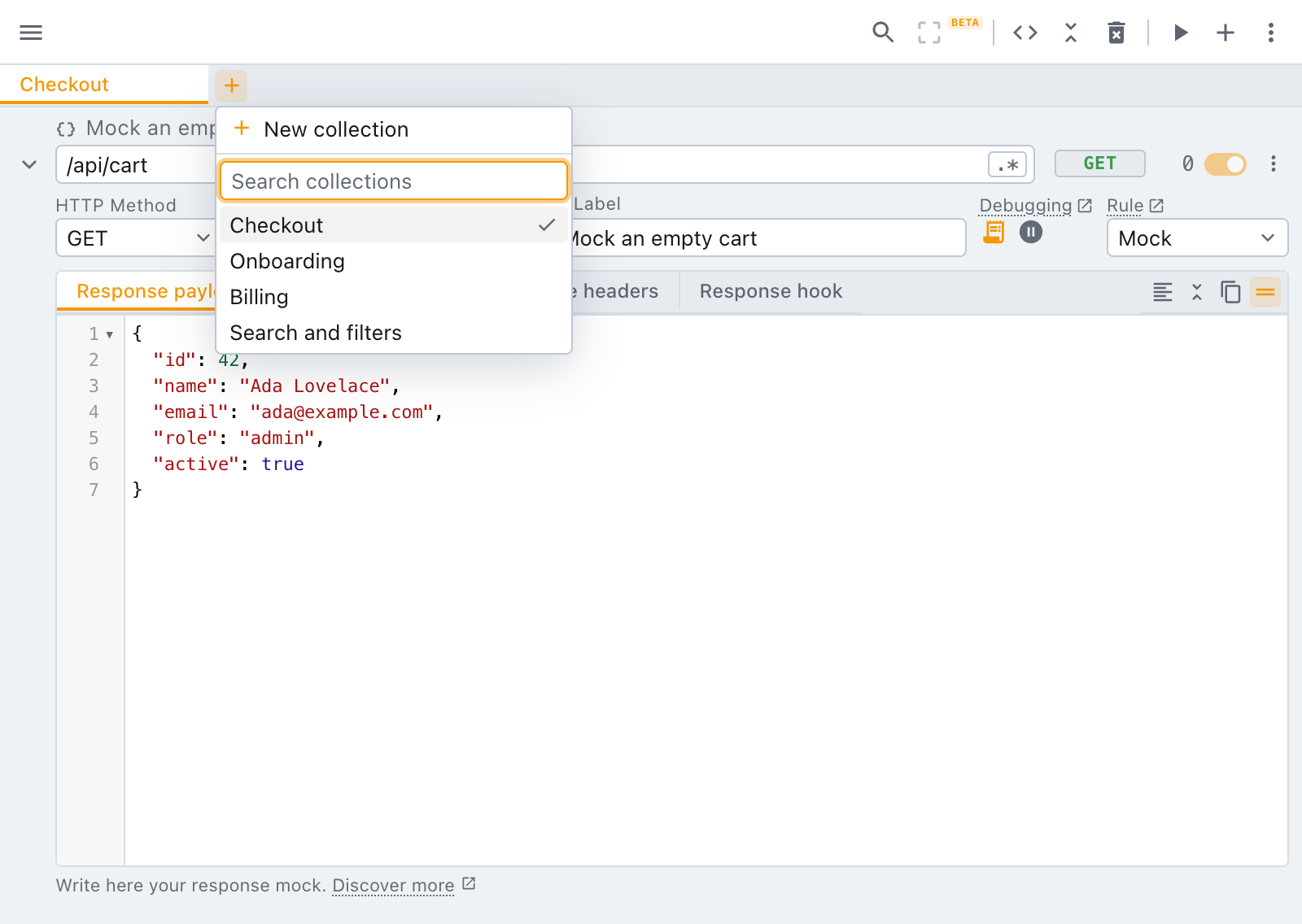 The collection switcher, with New collection above a search field