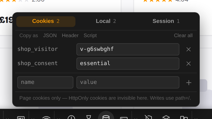 The editor on the Cookies tab, listing shop_visitor and shop_consent
