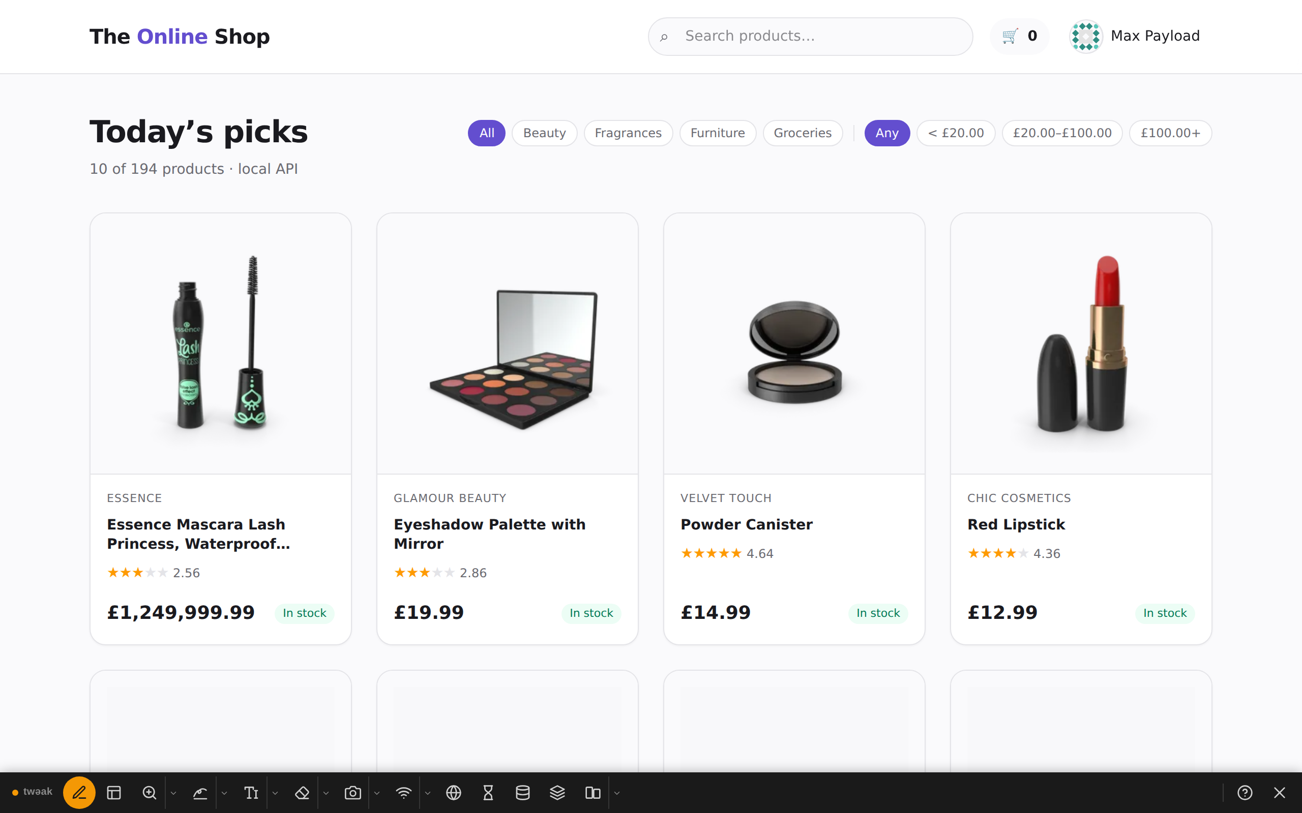 A product card with a longer name, clamped with an ellipsis, and a price of £1,249,999.99