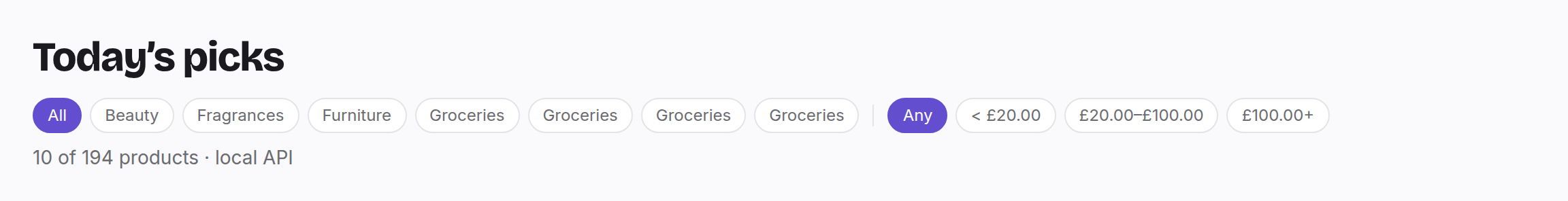 Three copies of a chip, and the layout moves to make room The filter row with three extra Groceries chips, now wrapped under the heading