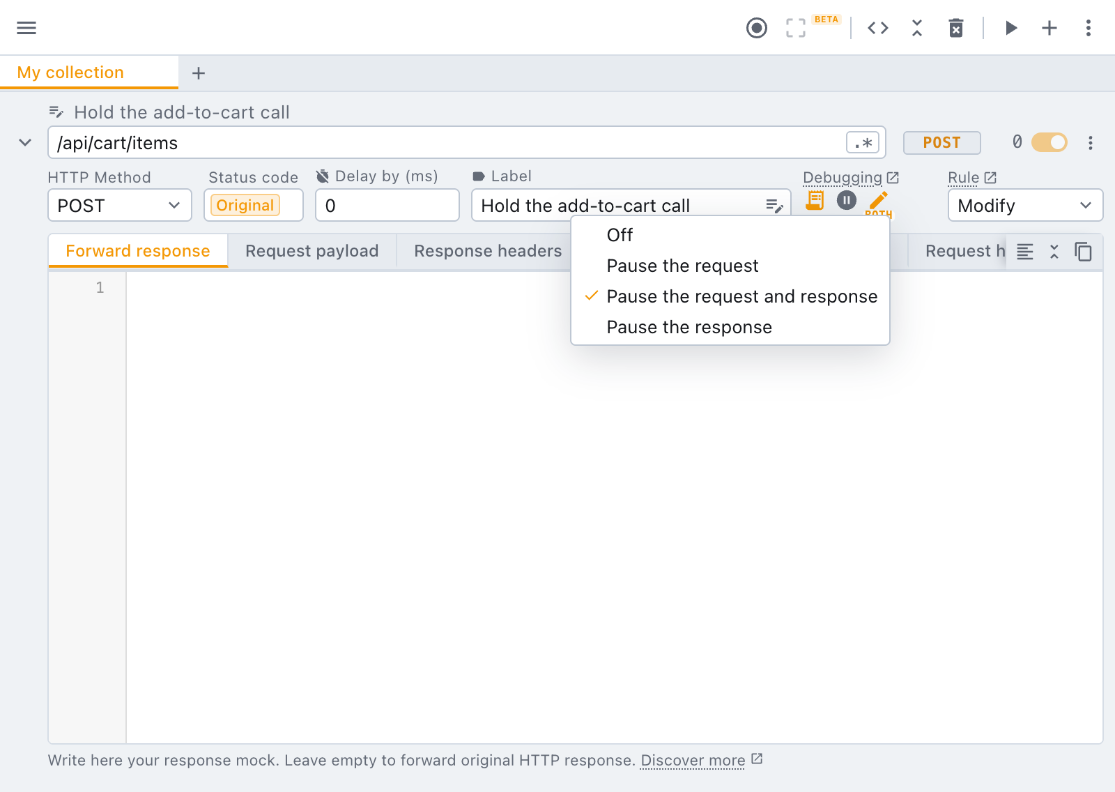 pick where the rule stops: the request, the response, or both the Edit before send menu on a modify rule, set to pause the request and response