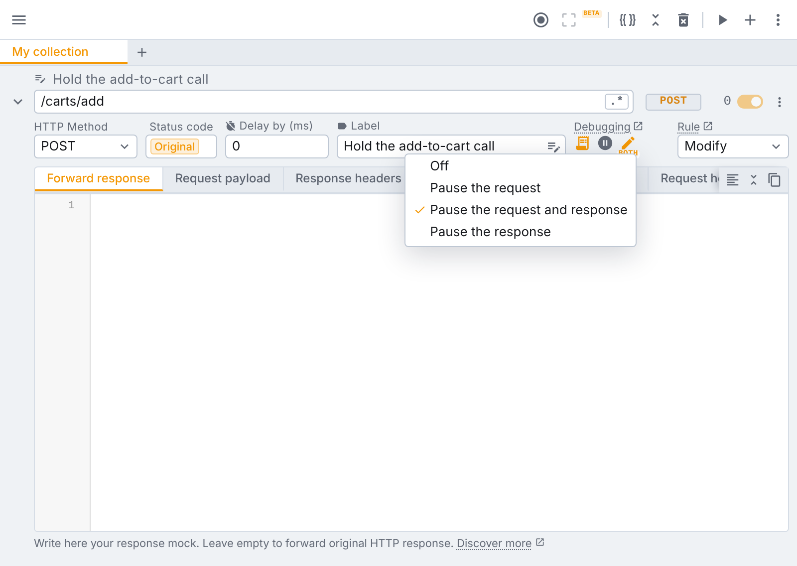 Pick where the rule stops: the request, the response, or both. the Edit before send menu on a modify rule, set to pause the request and response