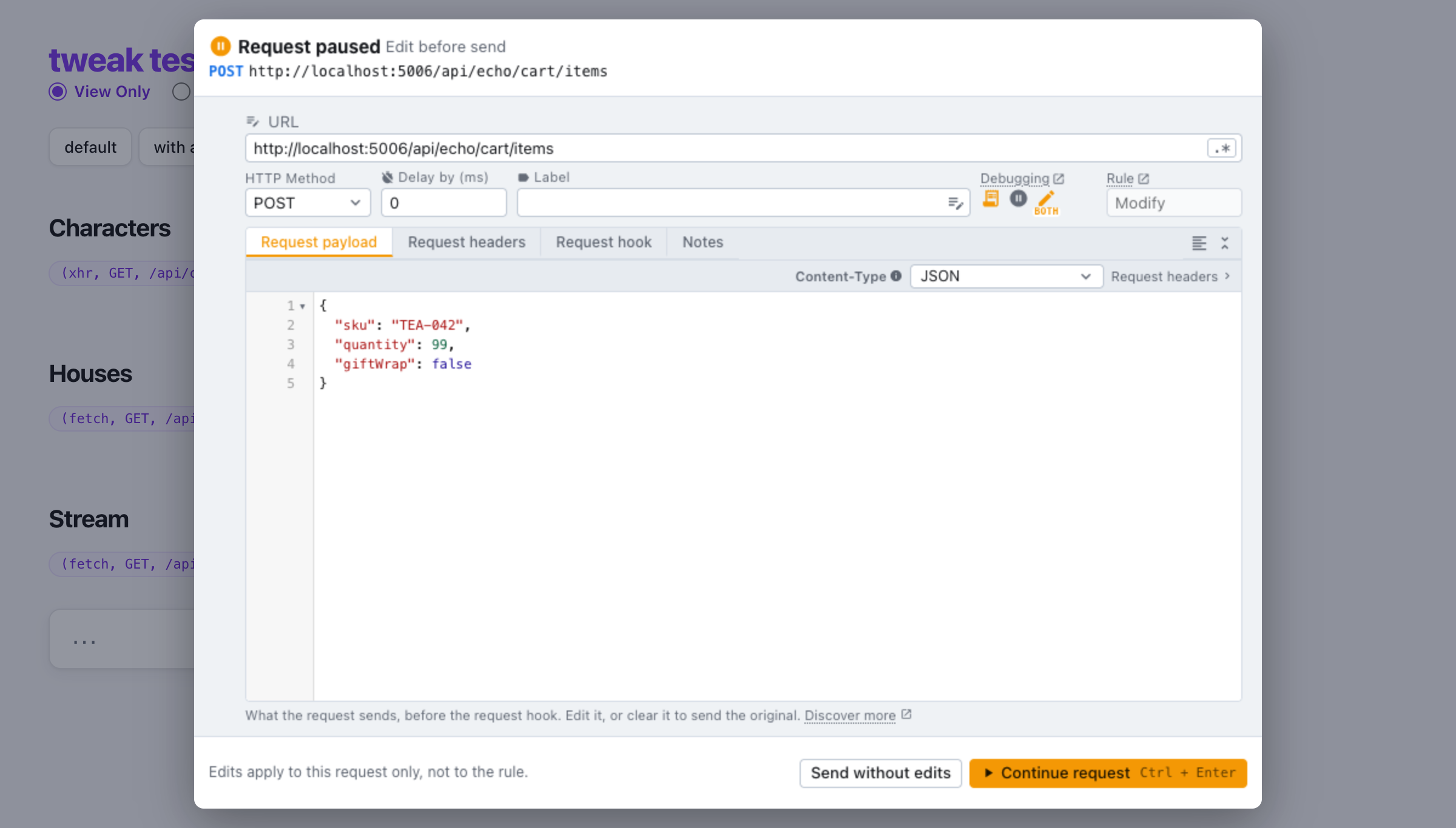 Request paused: edit the URL, body or headers, then continue a paused request, framed over the page, with its body edited before it is sent