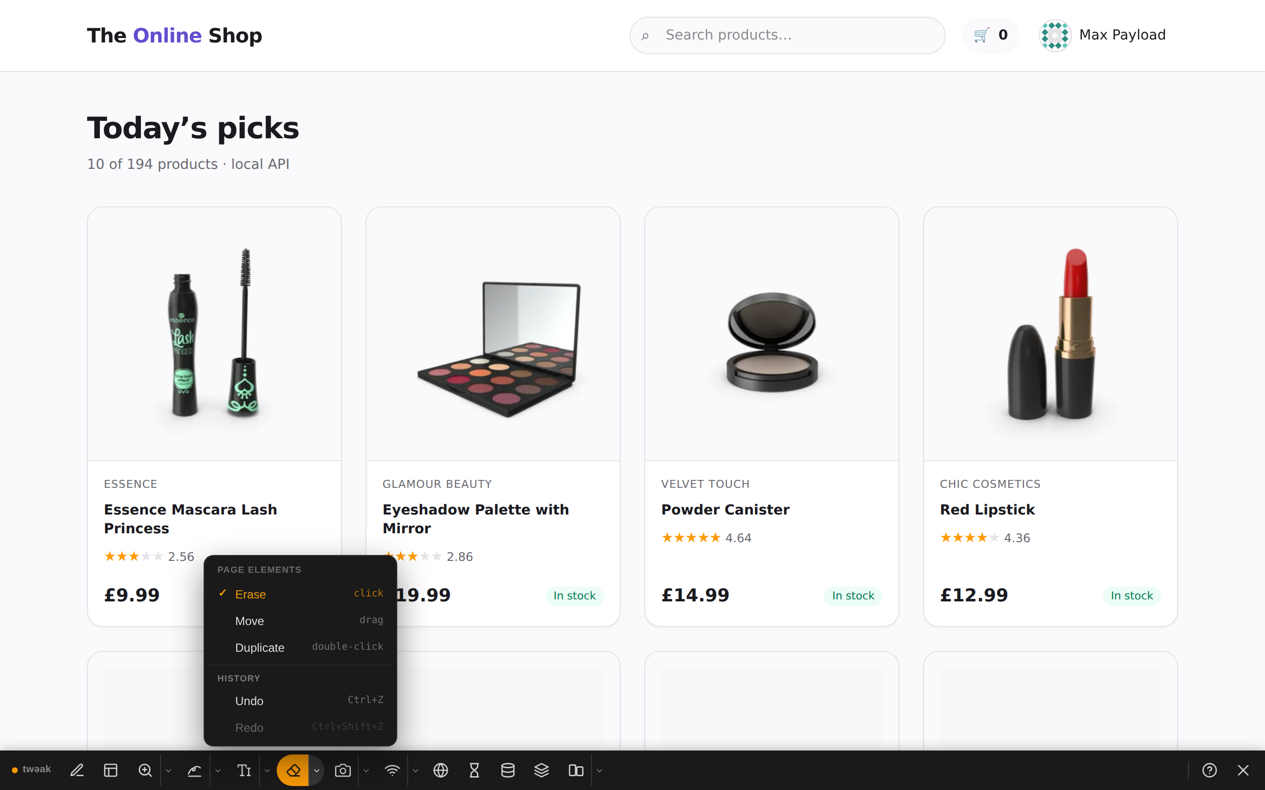 Filters erased, Undo one click away The shop without its filter chips, with the eraser's menu open on Erase, Move, Duplicate, Undo and Redo