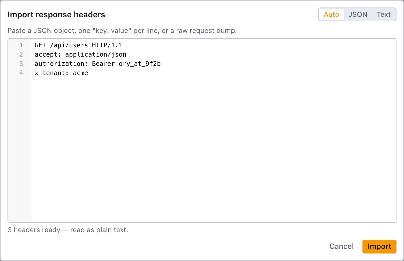 importing a raw request dump into a header table the bulk header import dialog