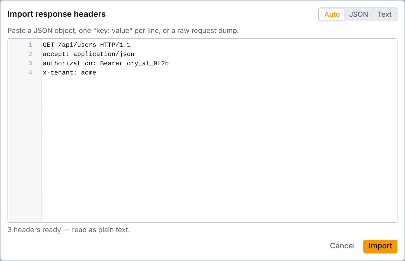 importing a raw request dump into a header table the bulk header import dialog