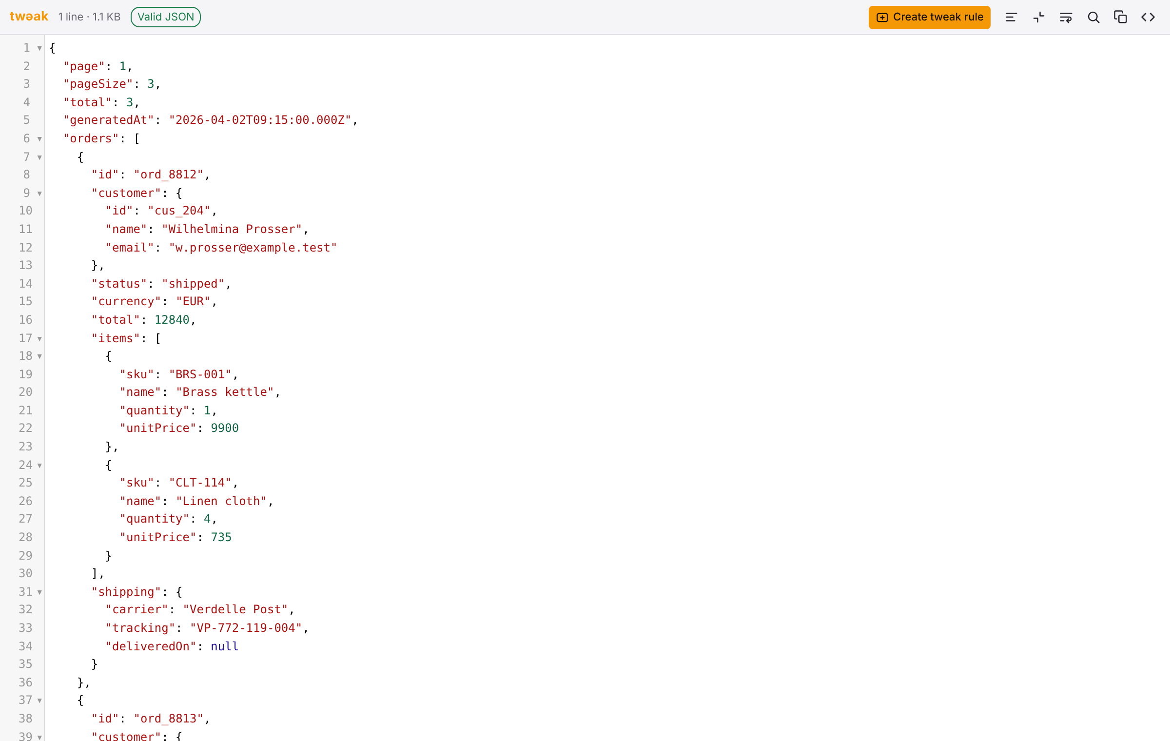 tweak's JSON viewer showing a pretty-printed, foldable API response