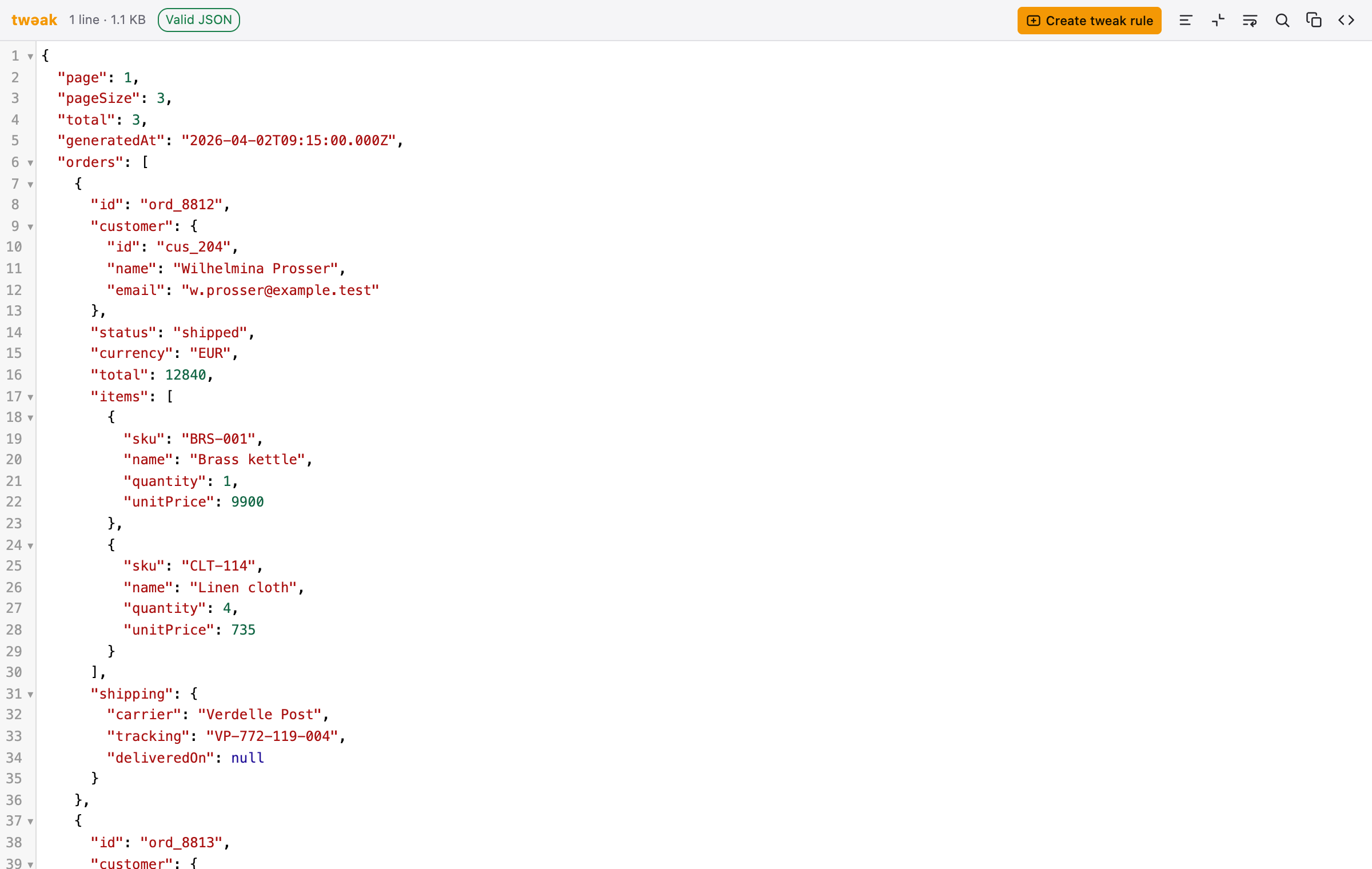 A raw JSON endpoint, rendered by tweak's JSON viewer tweak's JSON viewer showing a pretty-printed, foldable API response