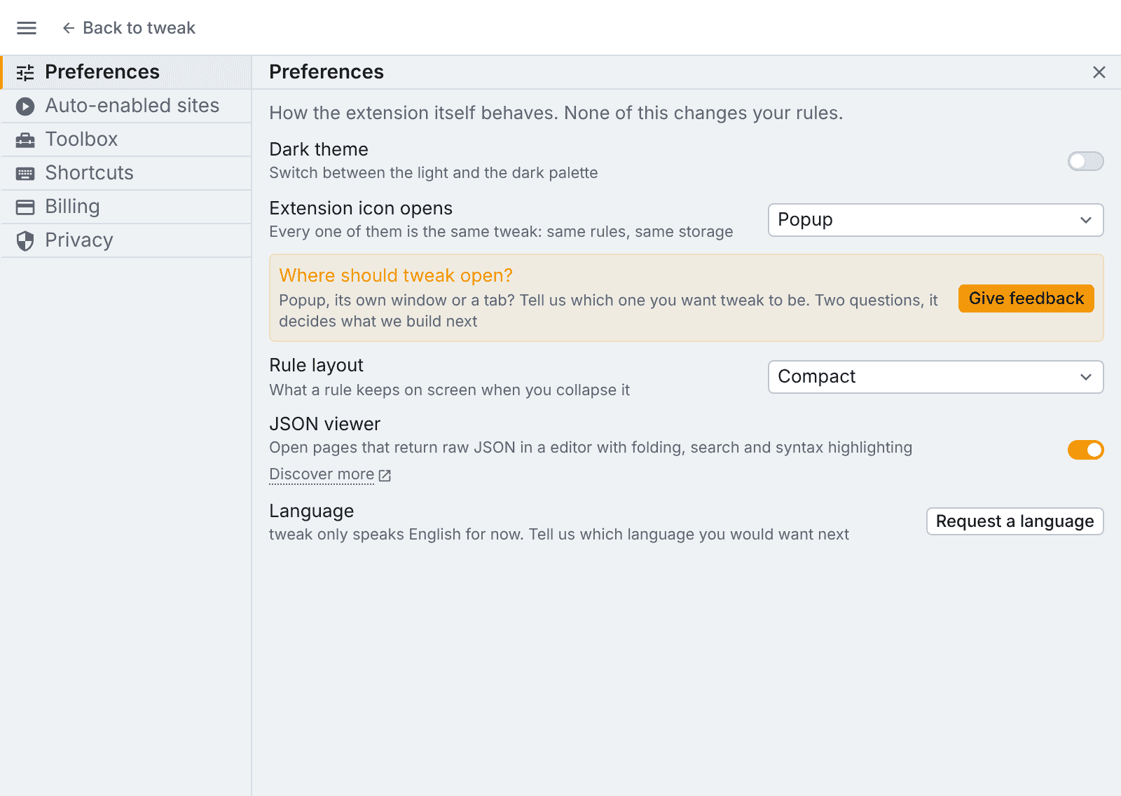 Settings > Preferences in the tweak popup, with the JSON viewer switch turned on