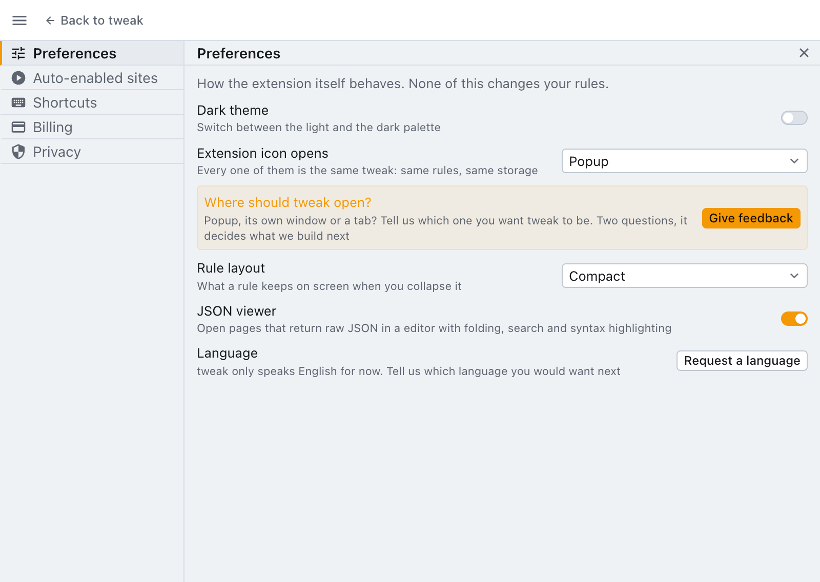 Settings > Preferences in the tweak popup, with the JSON viewer switch turned on