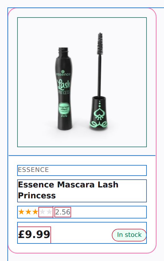 One product card with its boxes outlined