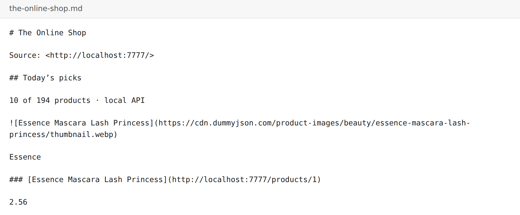 the-online-shop.md, as saved The start of the saved file: the title, the source address, the heading and the first product