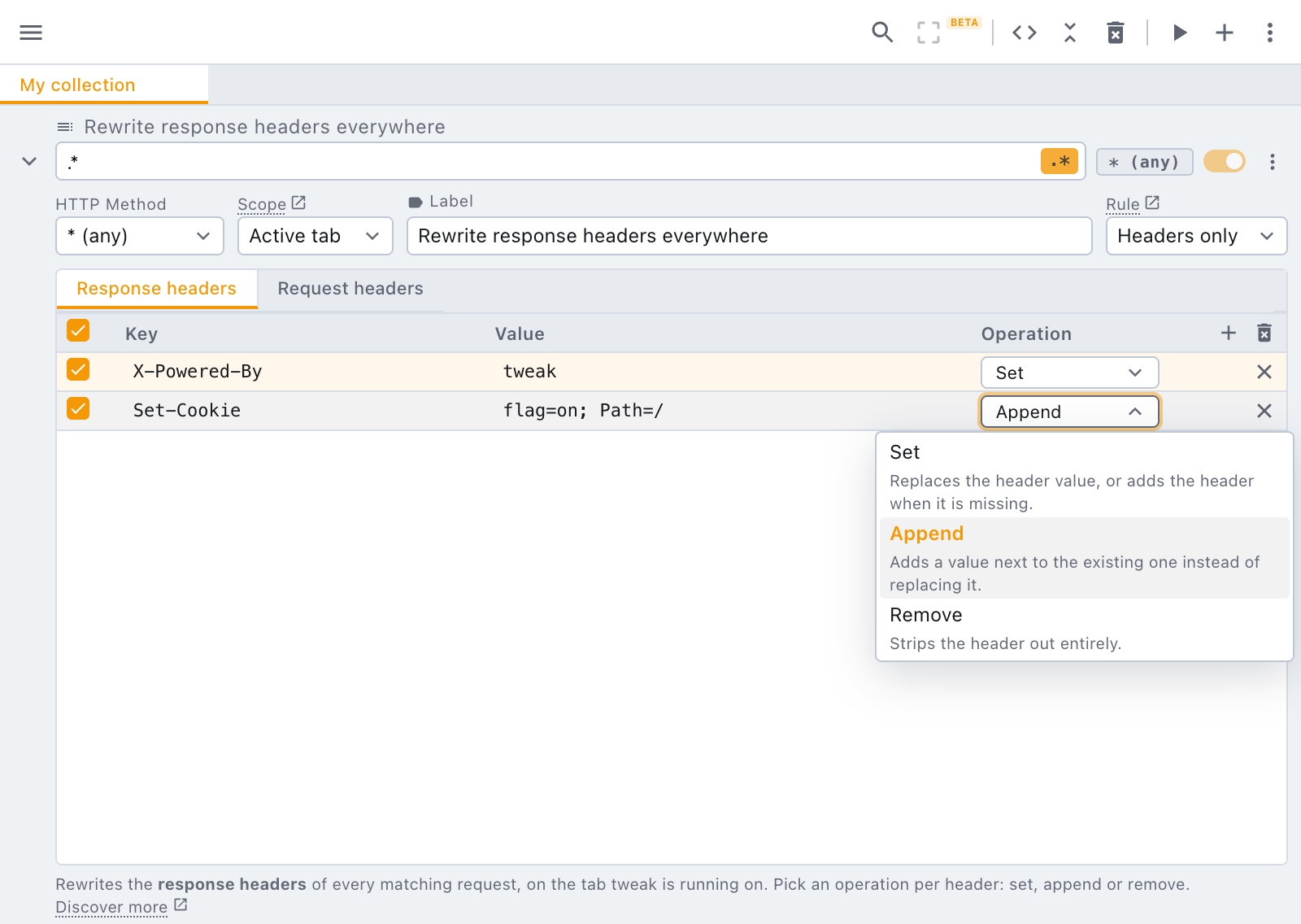 set, append or remove the operation dropdown