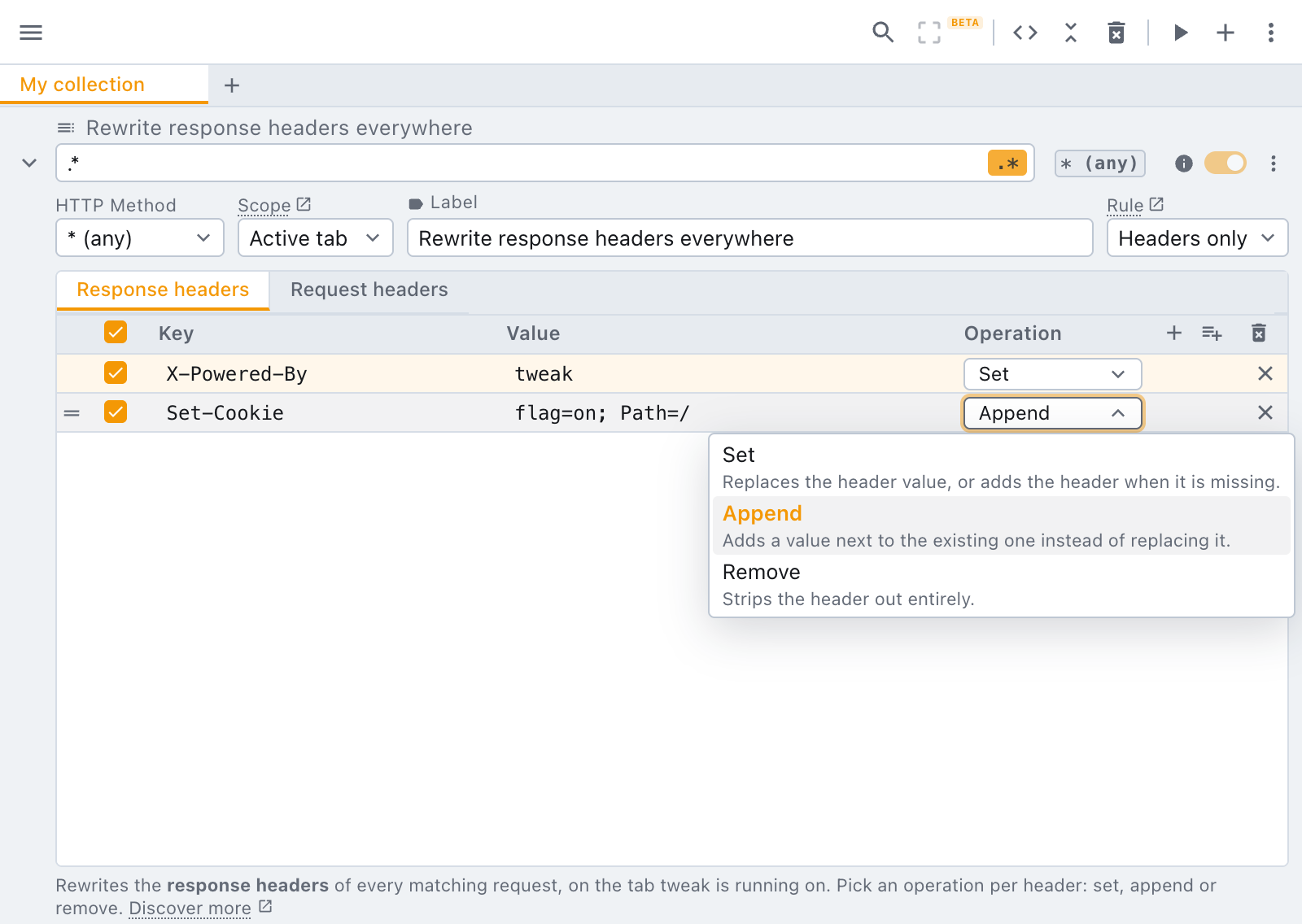 set, append or remove the operation dropdown