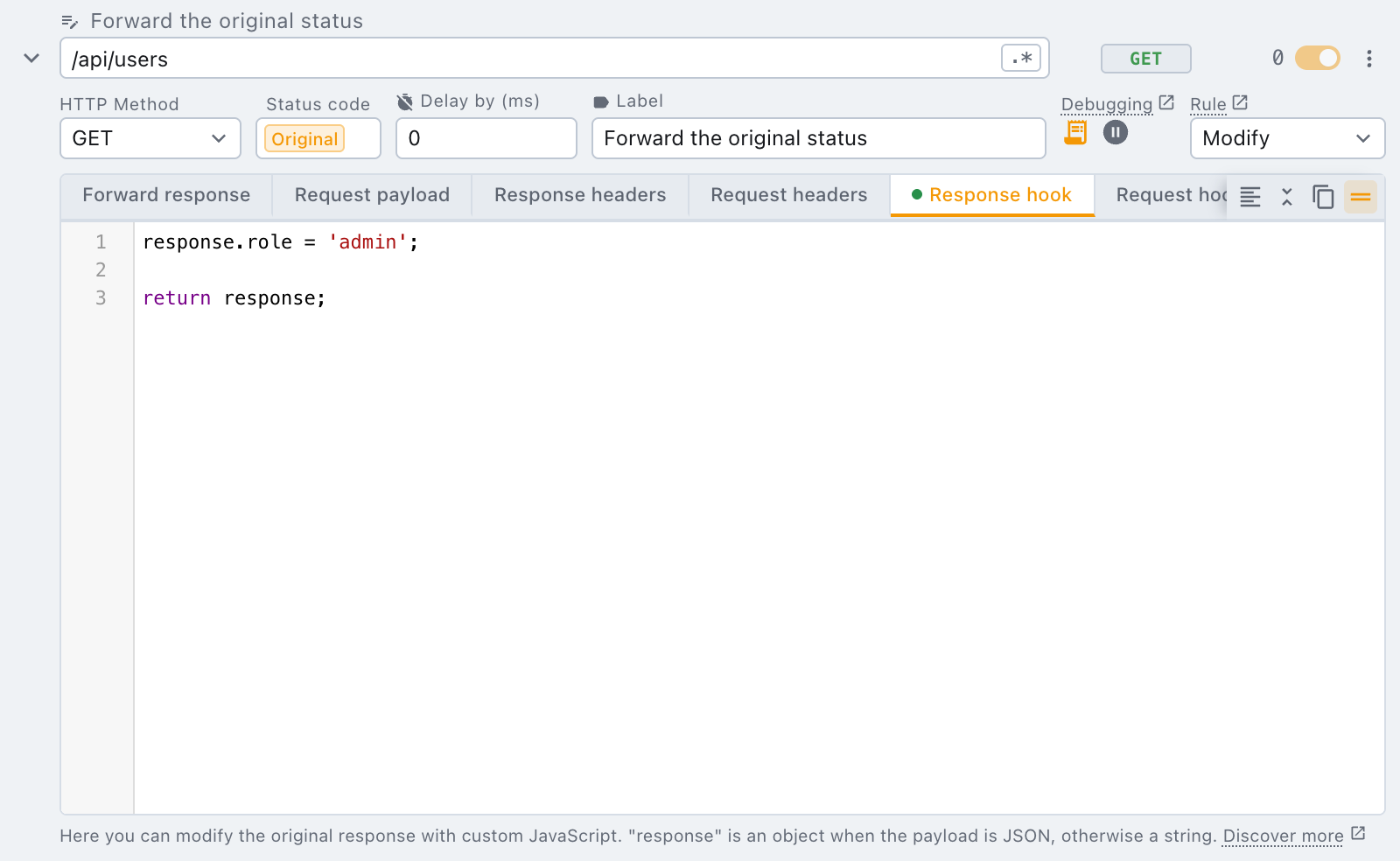 the Original chip on the status field of a modify rule a modify rule forwarding the original status