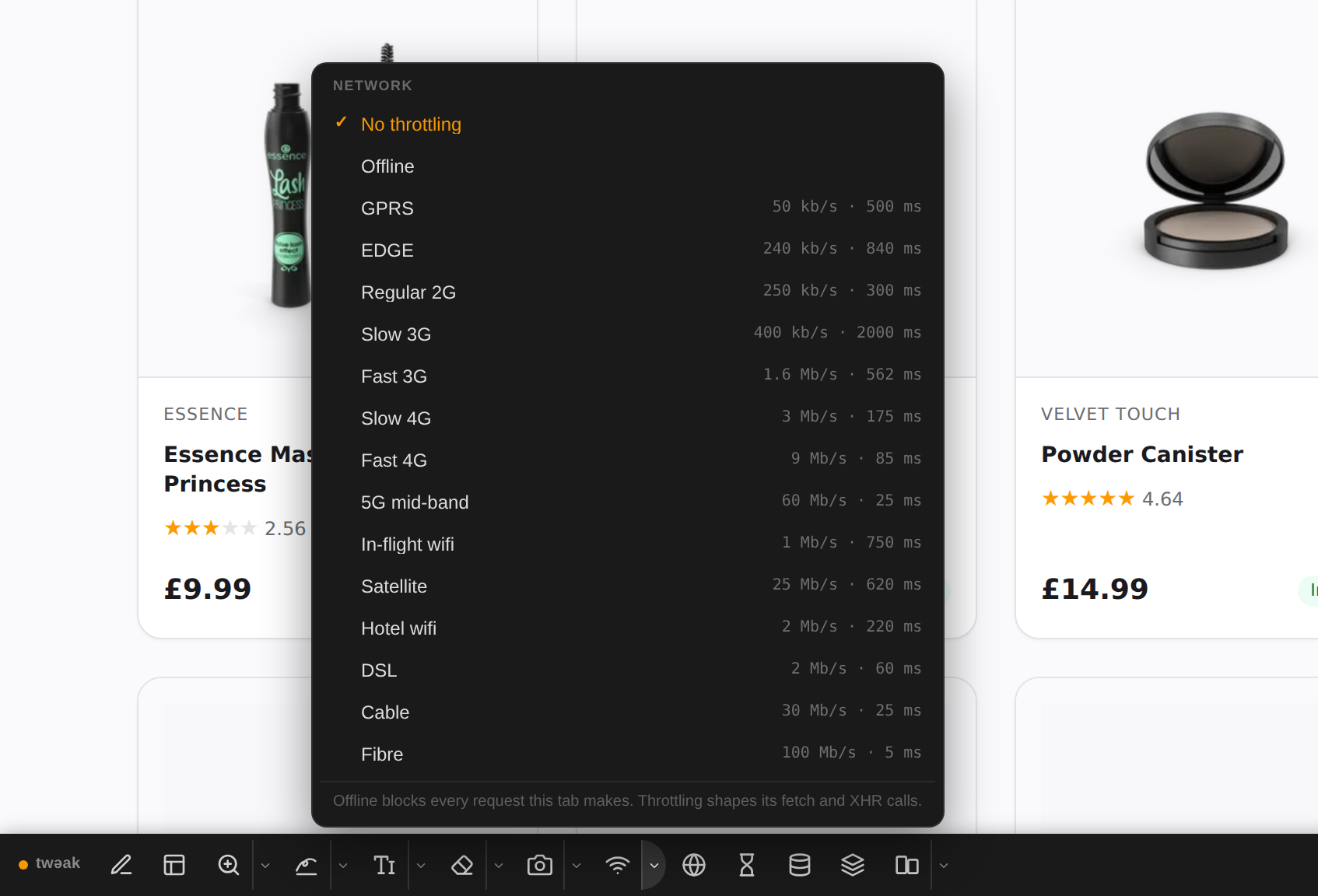 The network menu listing every connection with its speed and latency