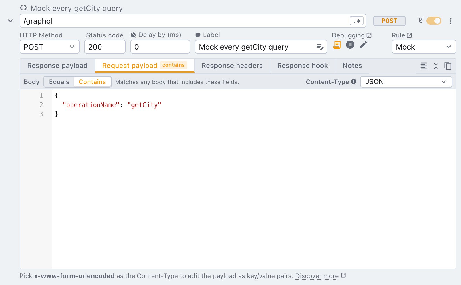 a mock rule whose request payload filters by operation name, with Contains a mock rule catching every getCity query, whatever its variables