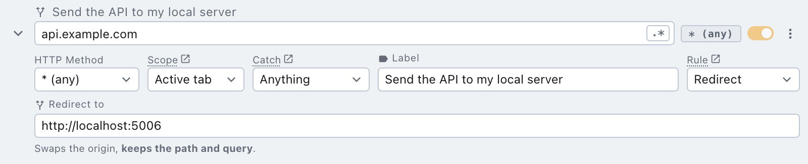 a redirect rule pointing an API at localhost a redirect rule