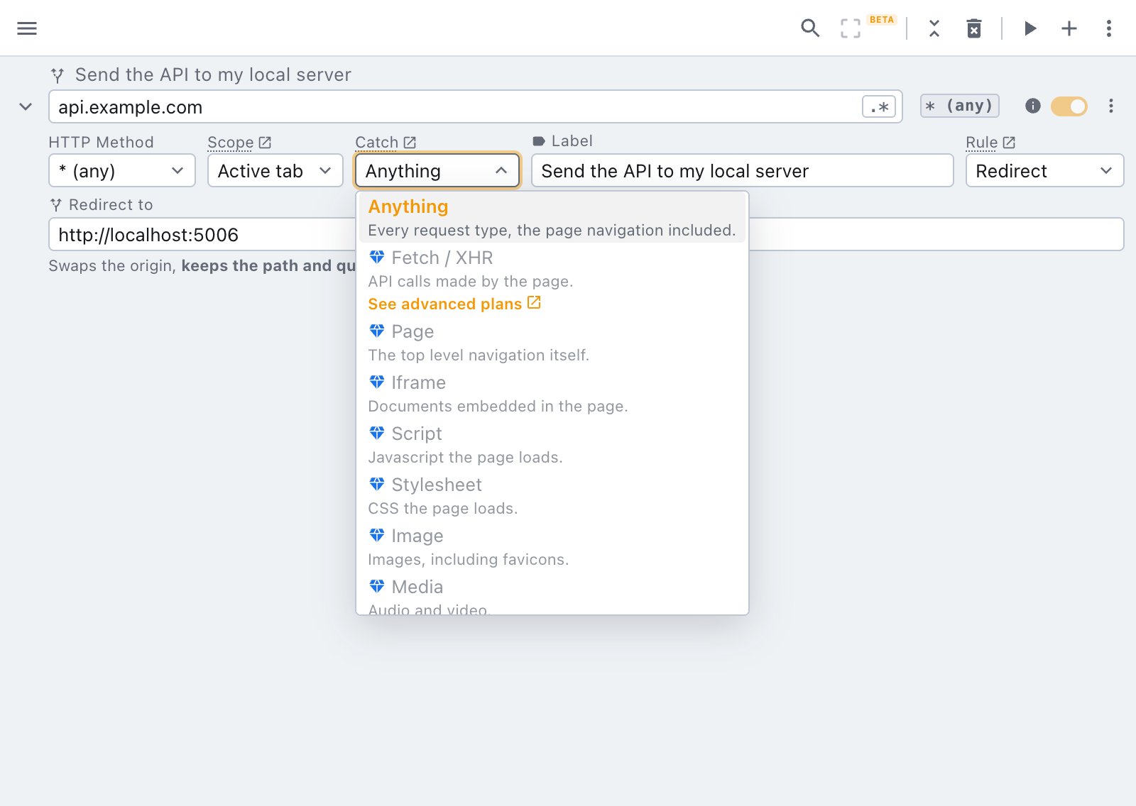 the target type dropdown, with the paid options marked the catch dropdown