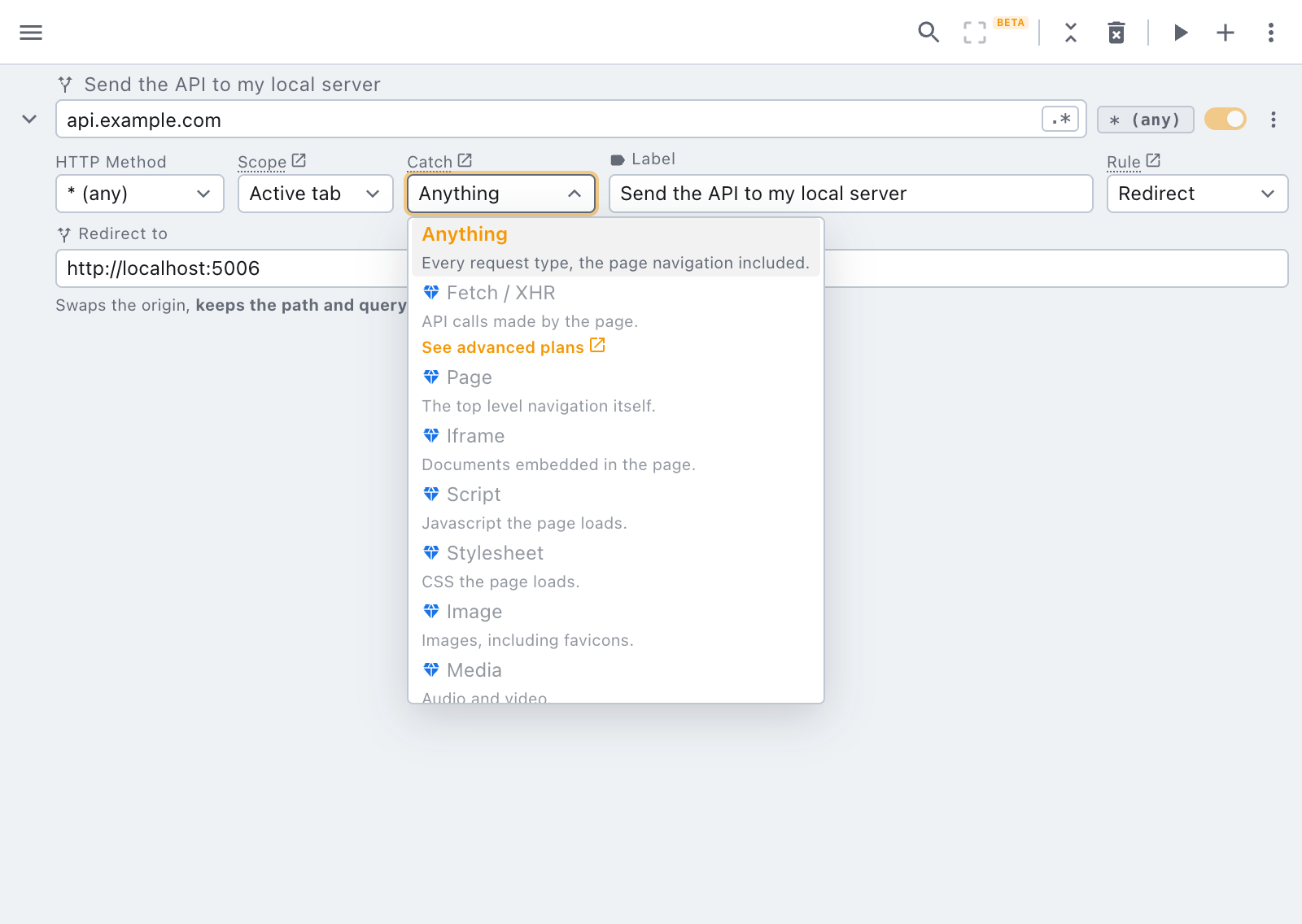 the target type dropdown, with the paid options marked the catch dropdown