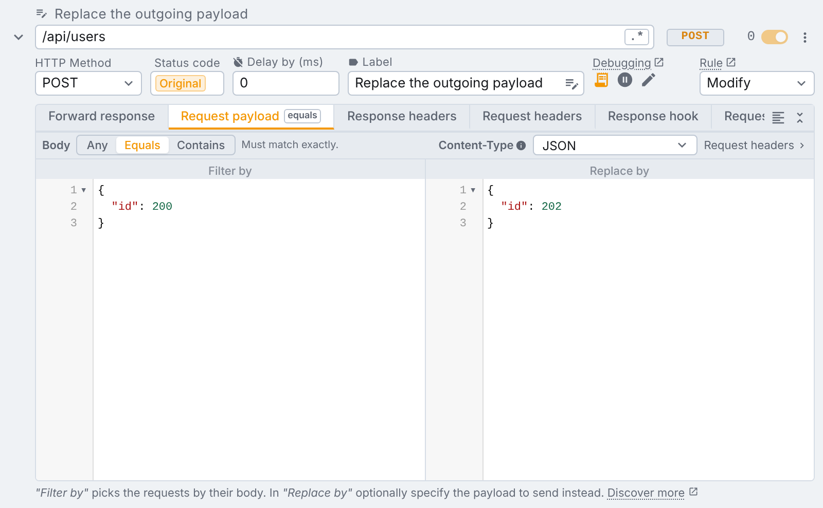 request payload with a modify rule