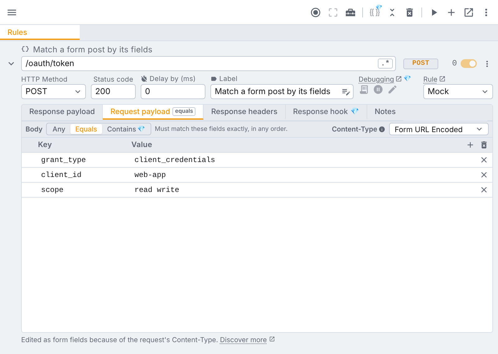a mock rule matching a form post by its fields