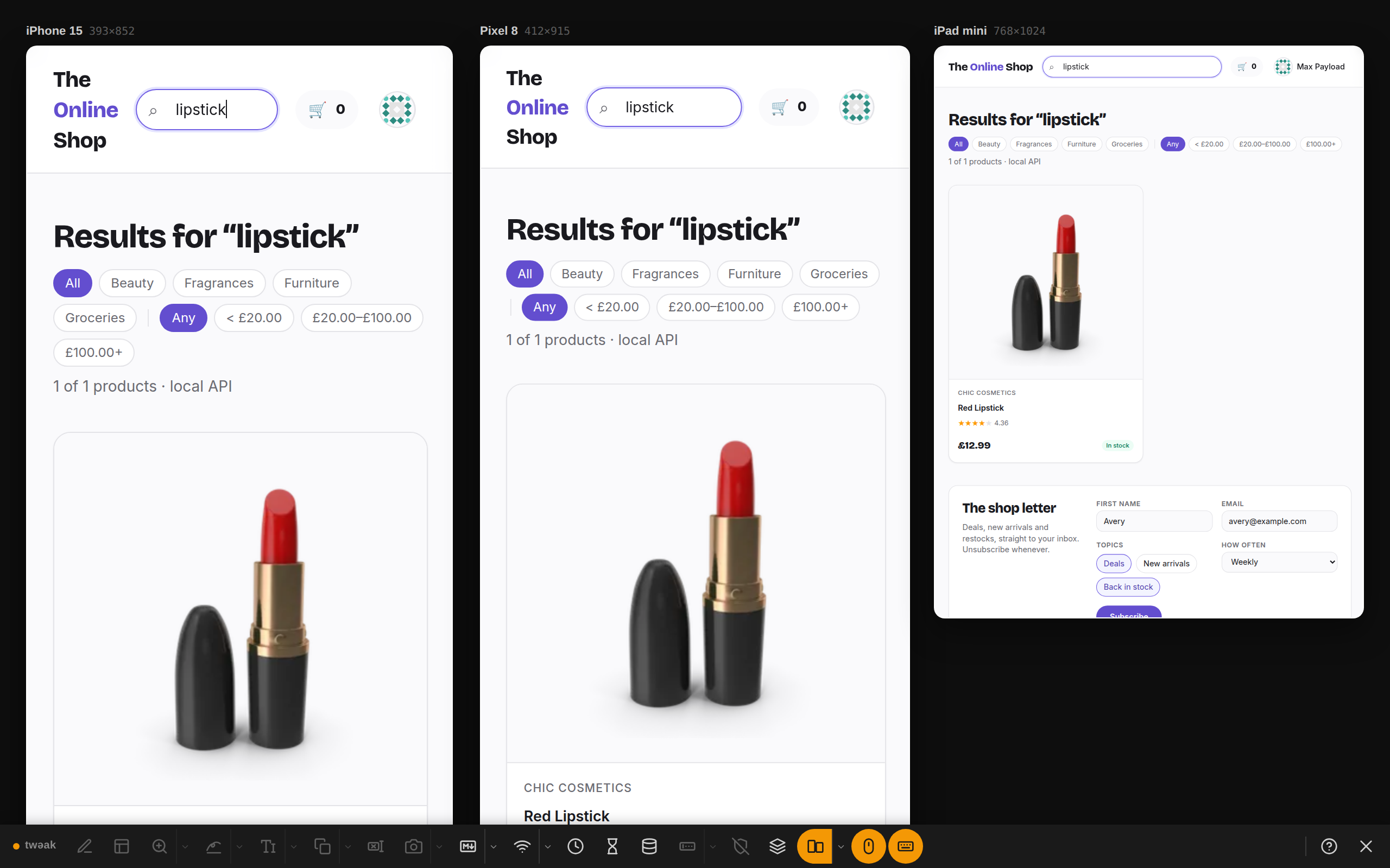 Typed once, searched everywhere All three previews showing the search results for lipstick