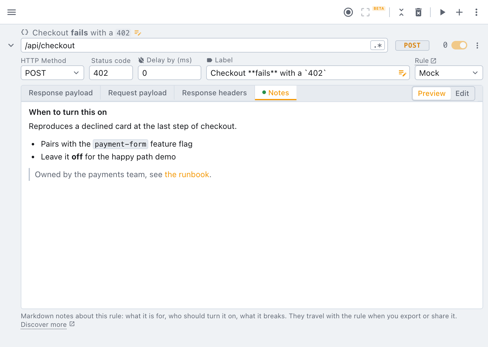 notes rendered in preview, with a heading, a list, a quote and a link the Notes tab of a mock rule, in preview