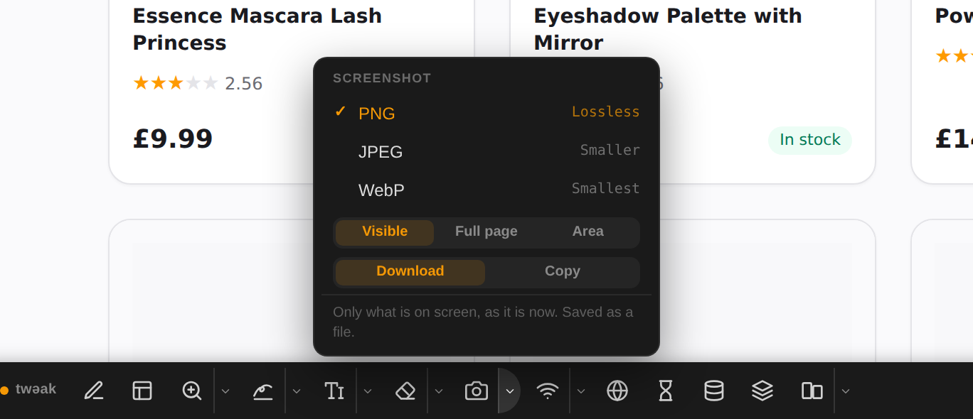 The screenshot menu The screenshot menu with the formats, Visible, Full page and Area, and Download or Copy