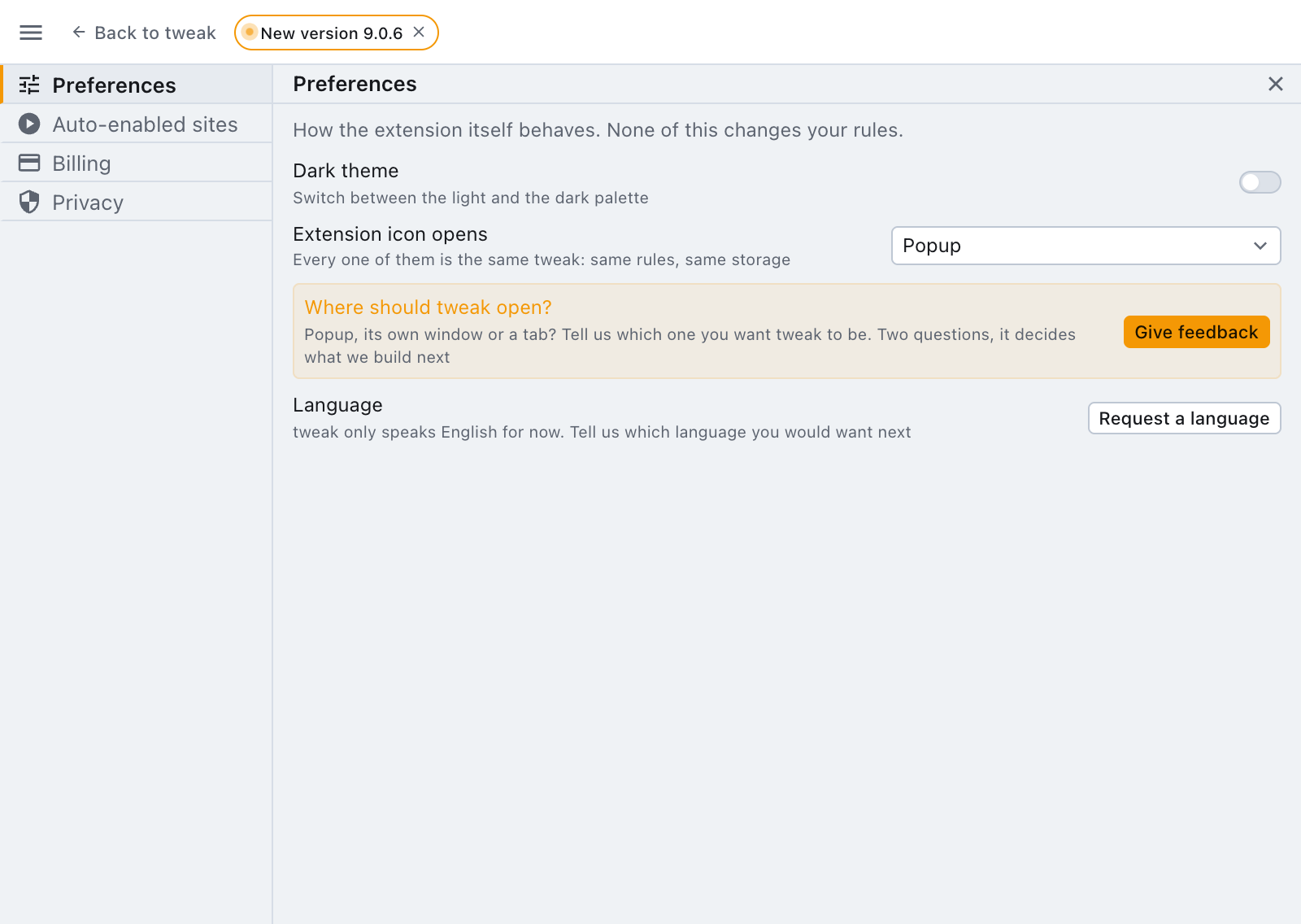 the settings panel, open on Preferences