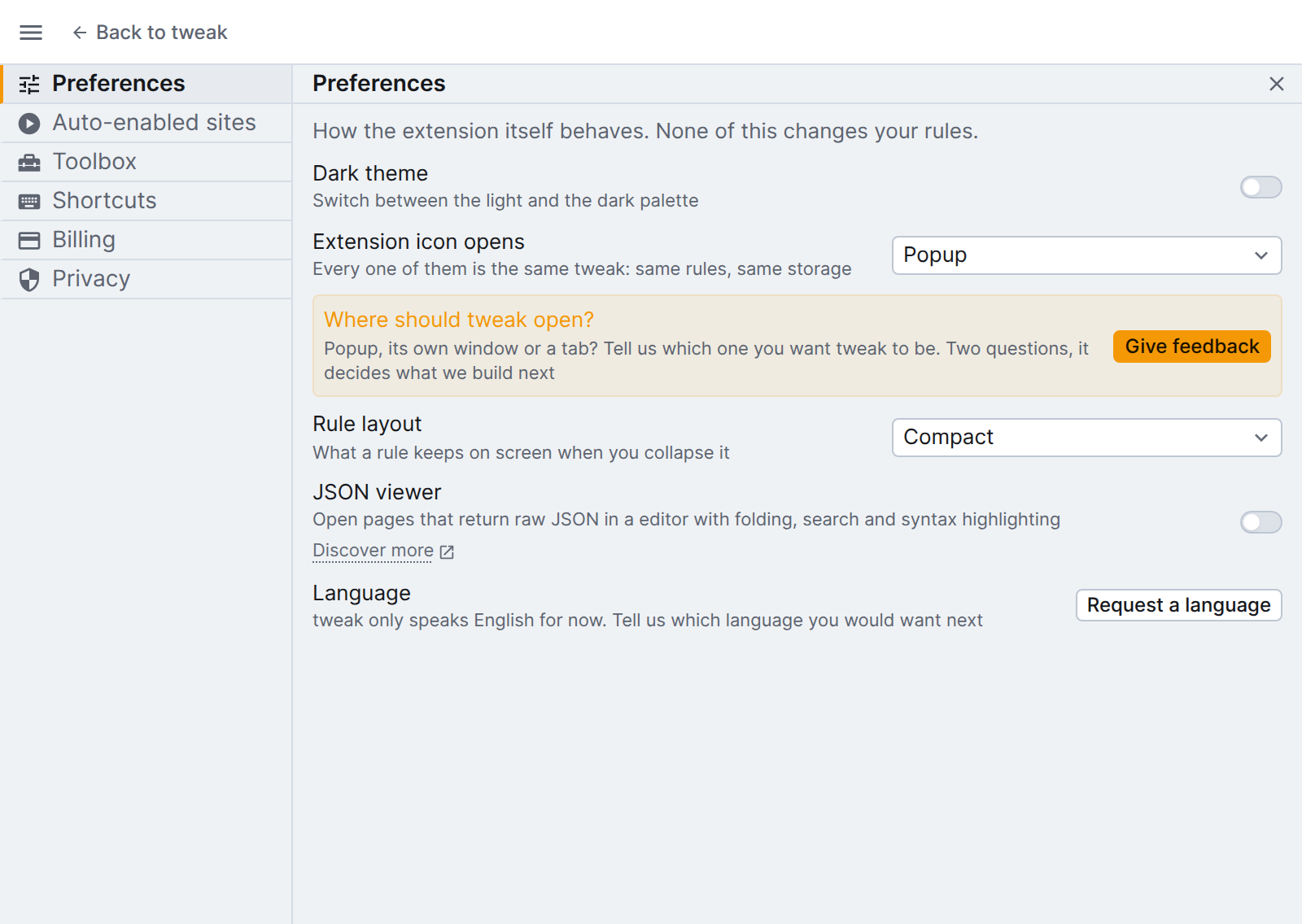 the settings panel, open on its Preferences section the settings panel, open on Preferences
