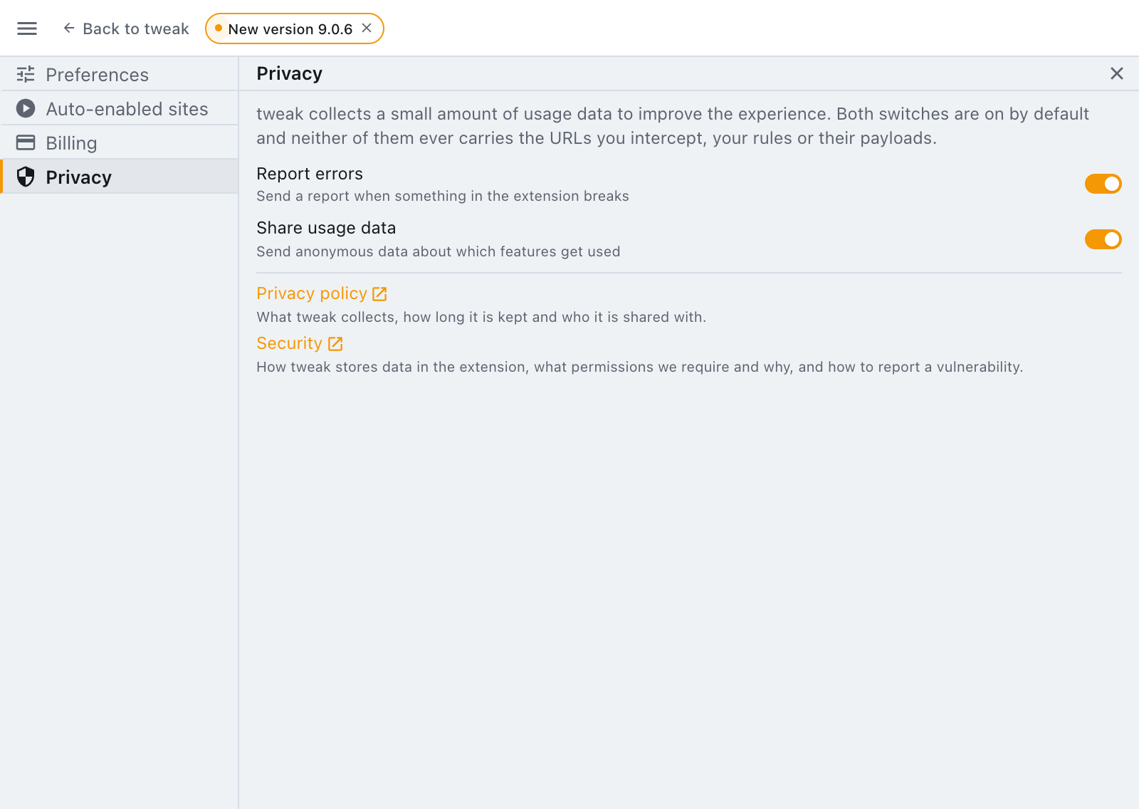 the two analytics switches the privacy section of the settings panel