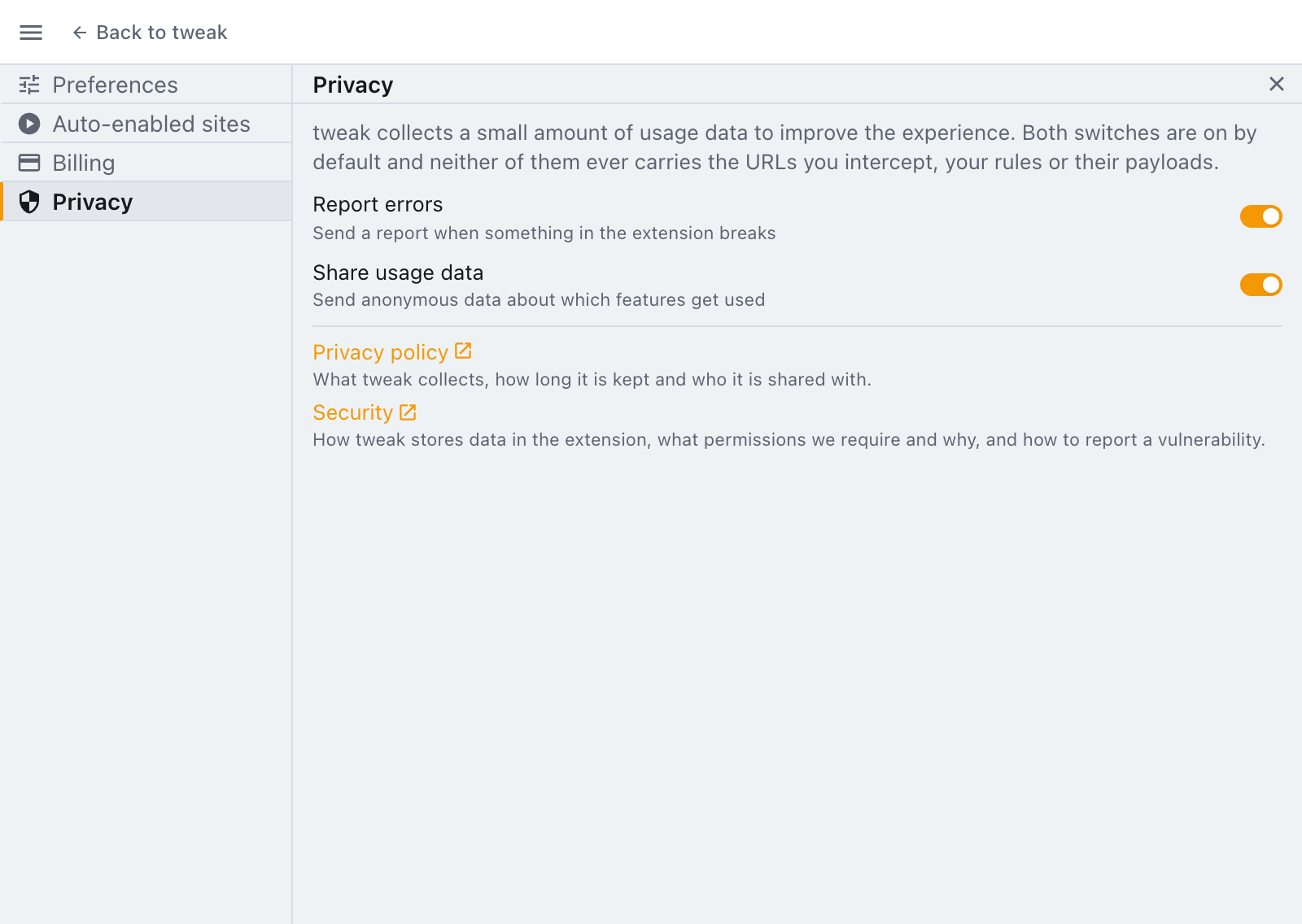 the two analytics switches the privacy section of the settings panel