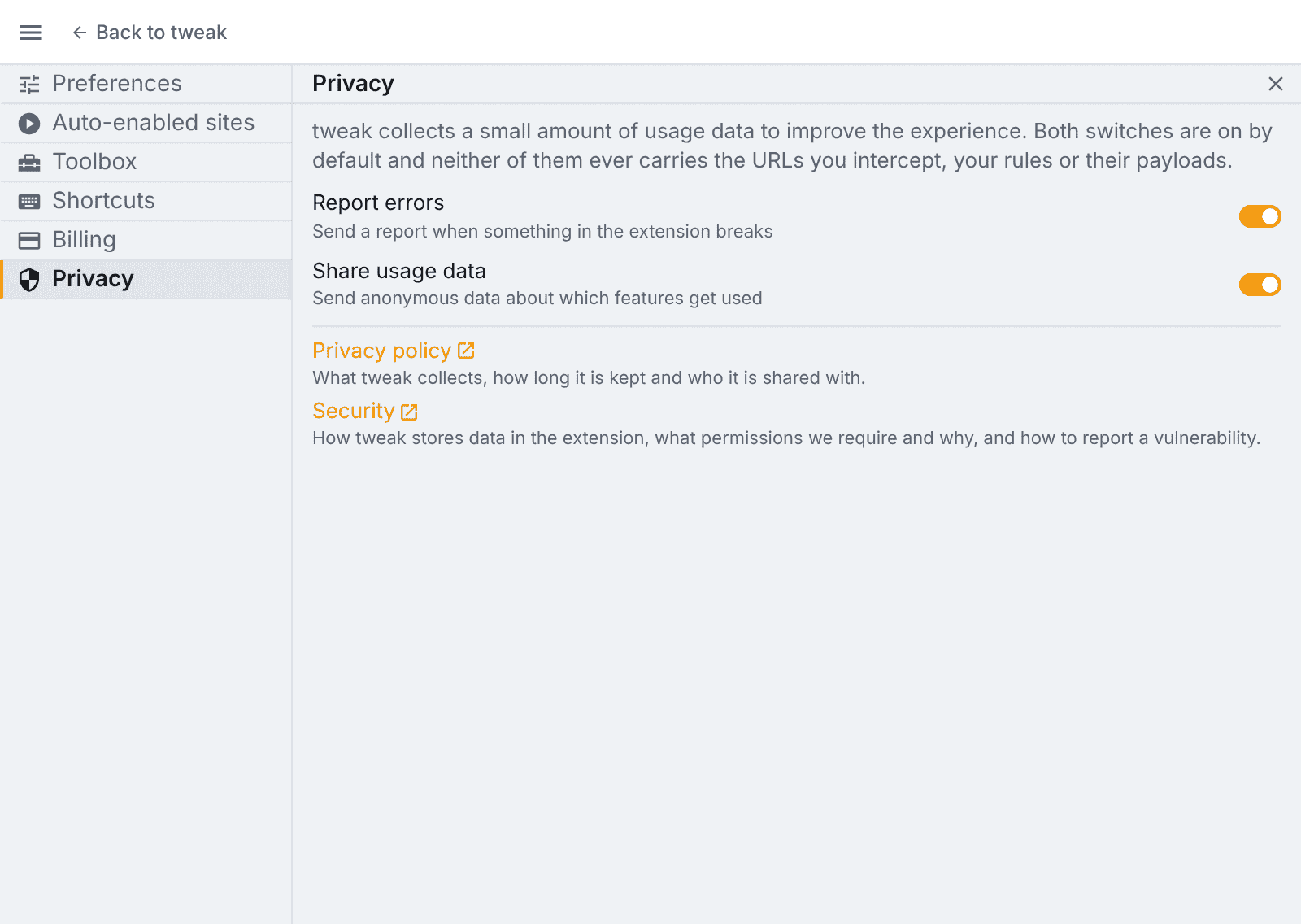 the two analytics switches the privacy section of the settings panel