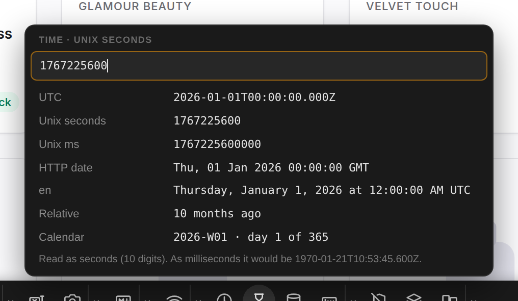 A Unix timestamp, in every format Time utils reading 1767225600 as Unix seconds, with UTC, HTTP date, local and relative rows
