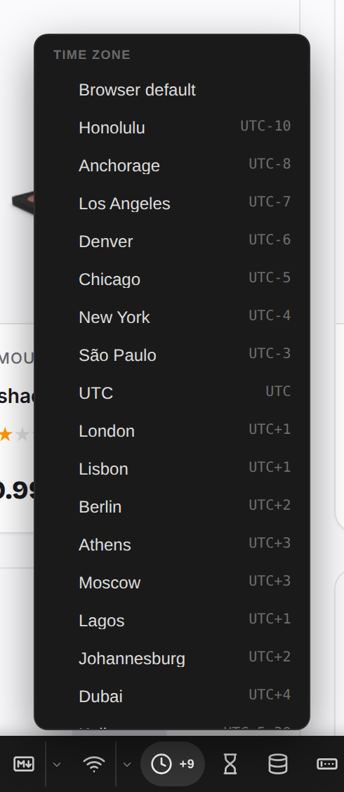 Pick a city; the tag shows its offset The time zone menu listing cities with their UTC offsets, the clock tagged +9 for Tokyo