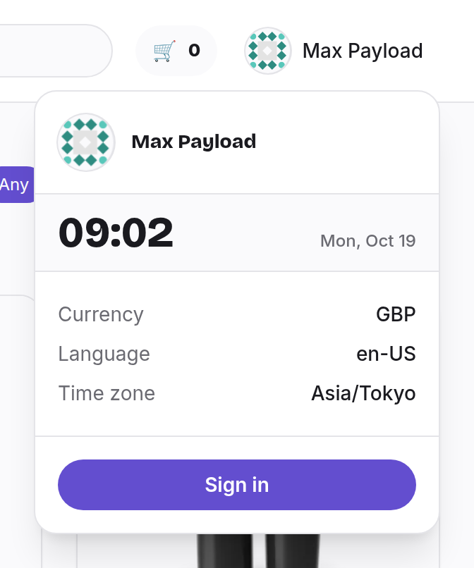 The page now reports Asia/Tokyo The shop's profile menu showing the time zone Asia/Tokyo and the time there