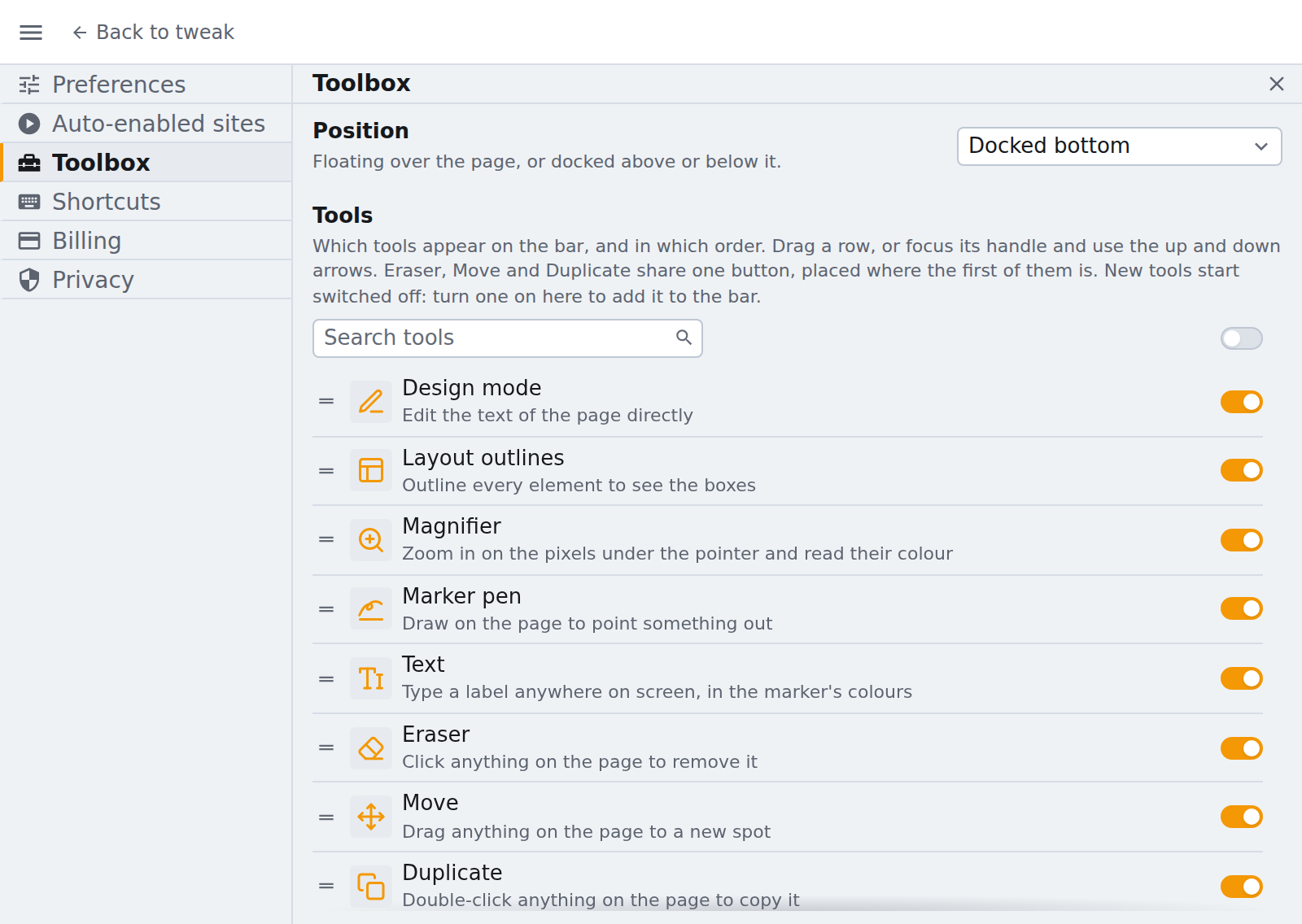 Settings > Toolbox Settings > Toolbox in the popup: the position, and the list of tools with a switch each