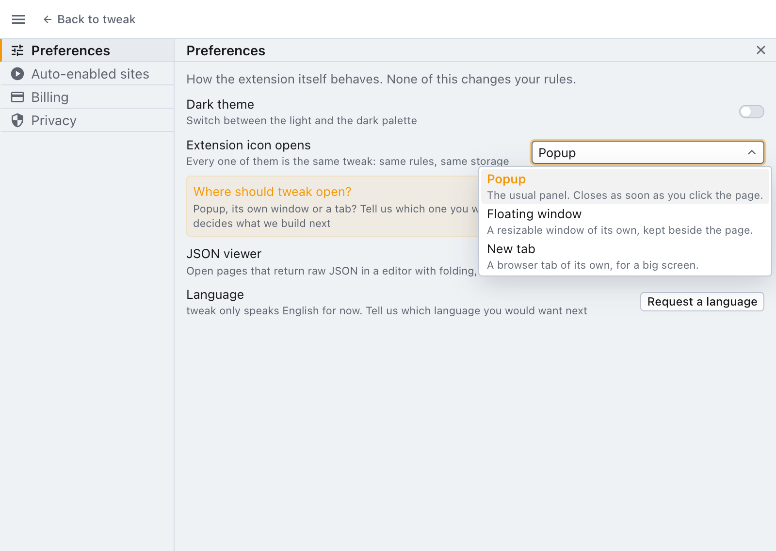 the extension icon opens preference, with popup, floating window and new tab